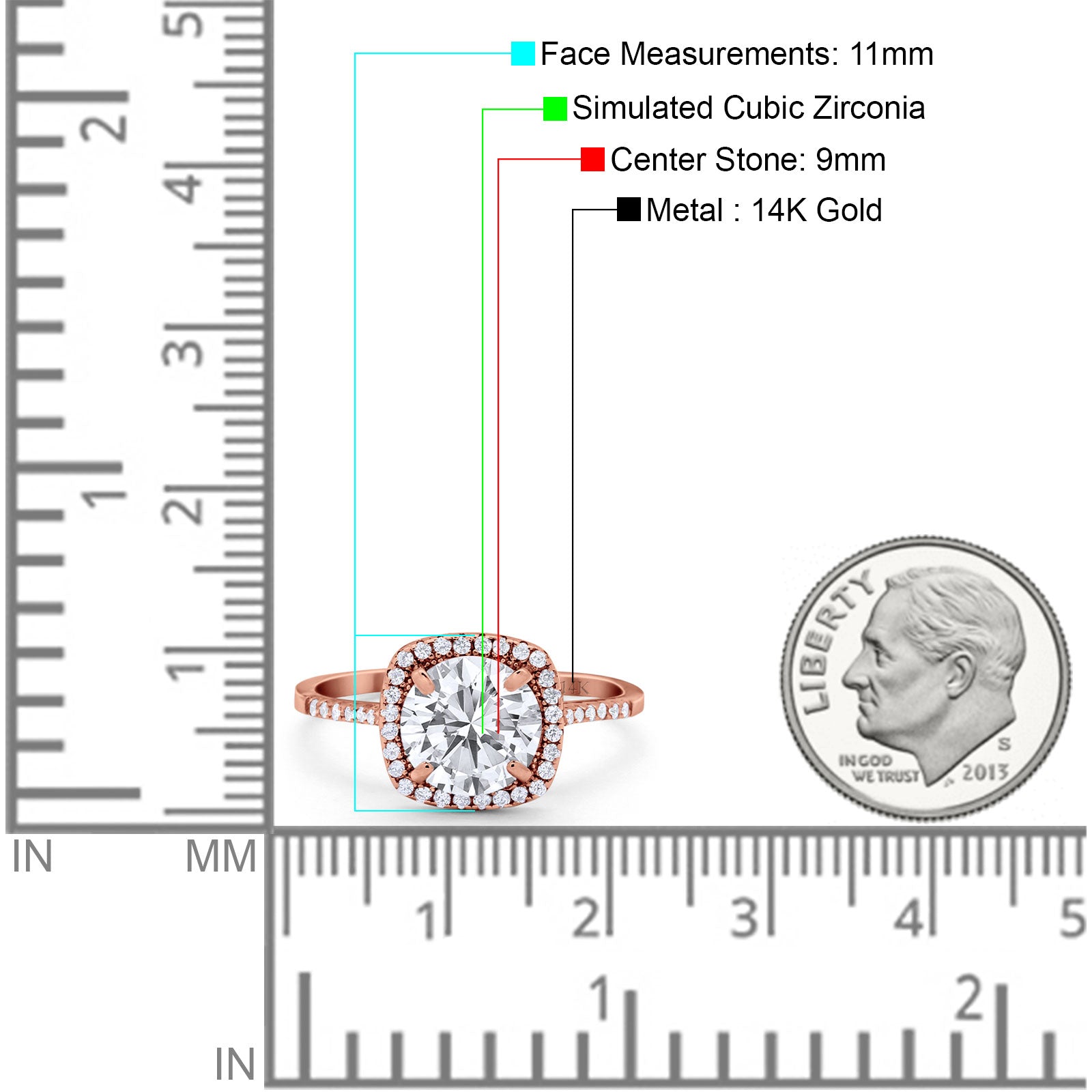 14K Rose Gold Halo Round Bridal Wedding Engagement Ring Simulated CZ Size-7