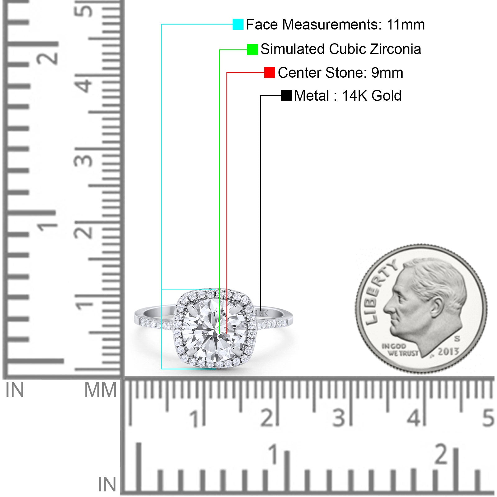 14K White Gold Halo Round Bridal Wedding Engagement Ring Simulated CZ