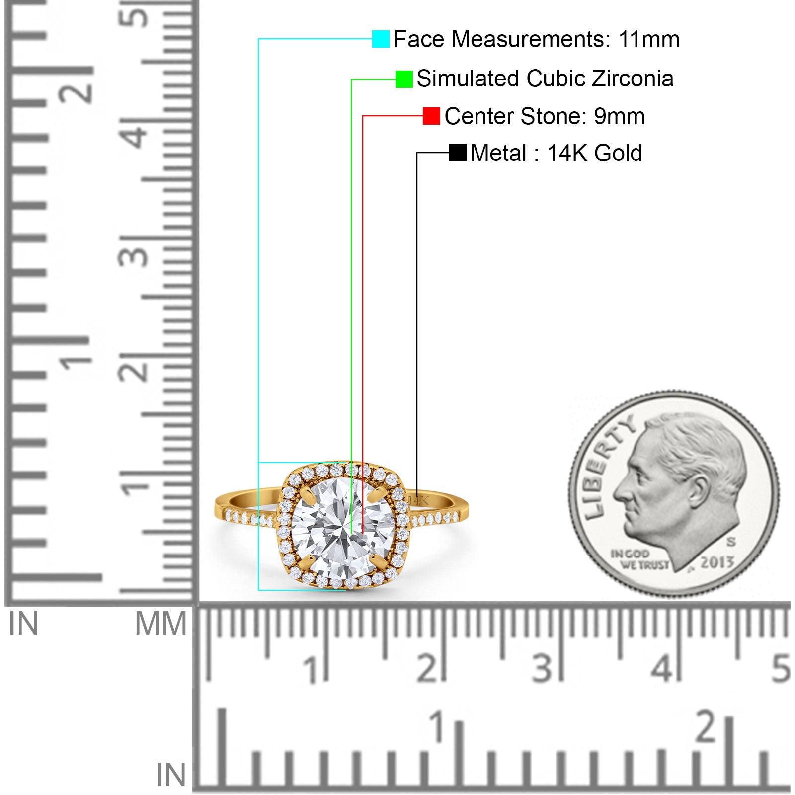 14K Yellow Gold Halo Round Bridal Wedding Engagement Ring Simulated CZ Size-7