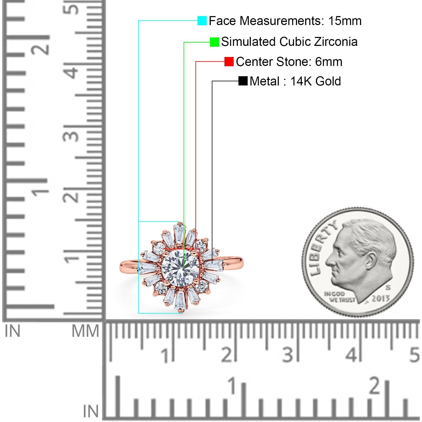 14K Rose Gold Halo Floral Style Vintage Art Deco Wedding Engagement Ring Baguette Round Simulated Cubic Zirconia Size-7