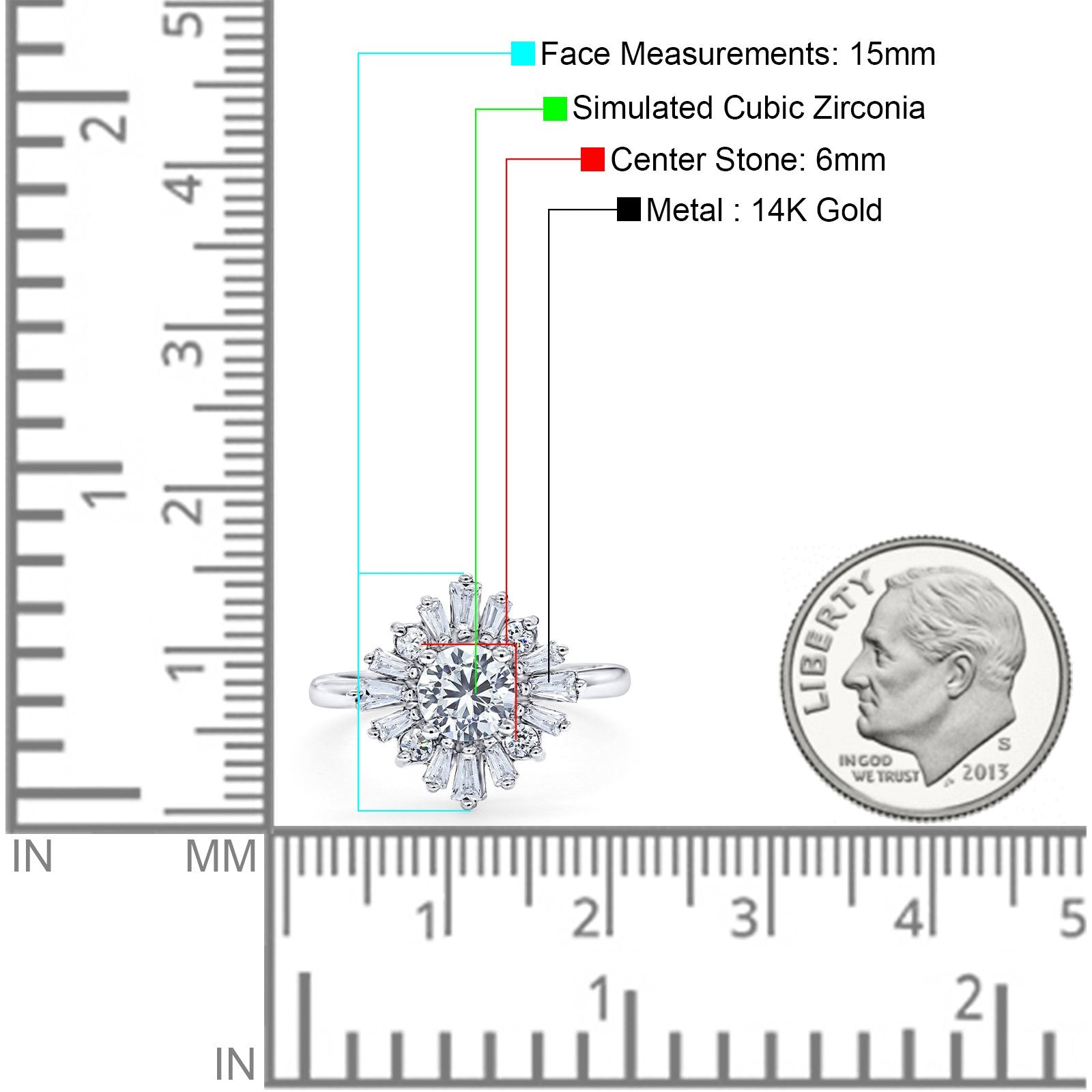 14K White Gold Halo Floral Style Vintage Art Deco Wedding Engagement Ring Baguette Round Simulated Cubic Zirconia Size-7