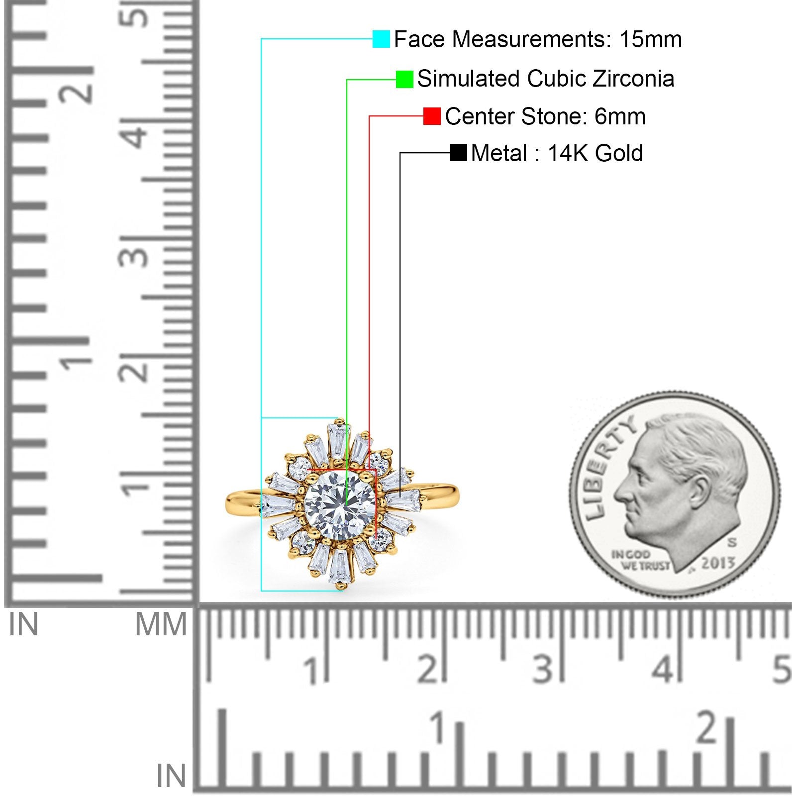 14K Yellow Gold Halo Floral Style Vintage Art Deco Wedding Engagement Ring Baguette Round Simulated Cubic Zirconia
