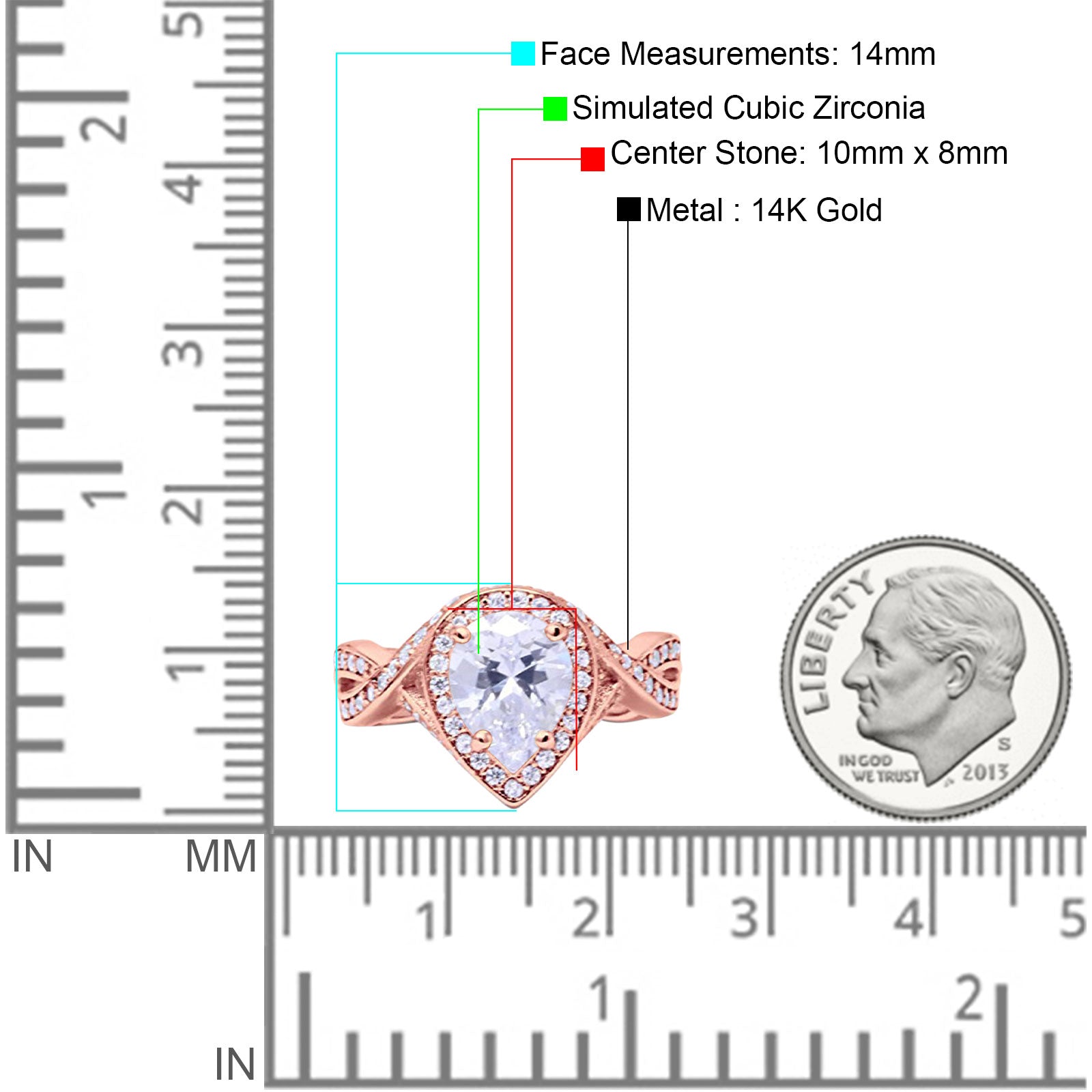 14K Rose Gold Teardrop Pear Bridal Simulated CZ Wedding Engagement Ring Size-7