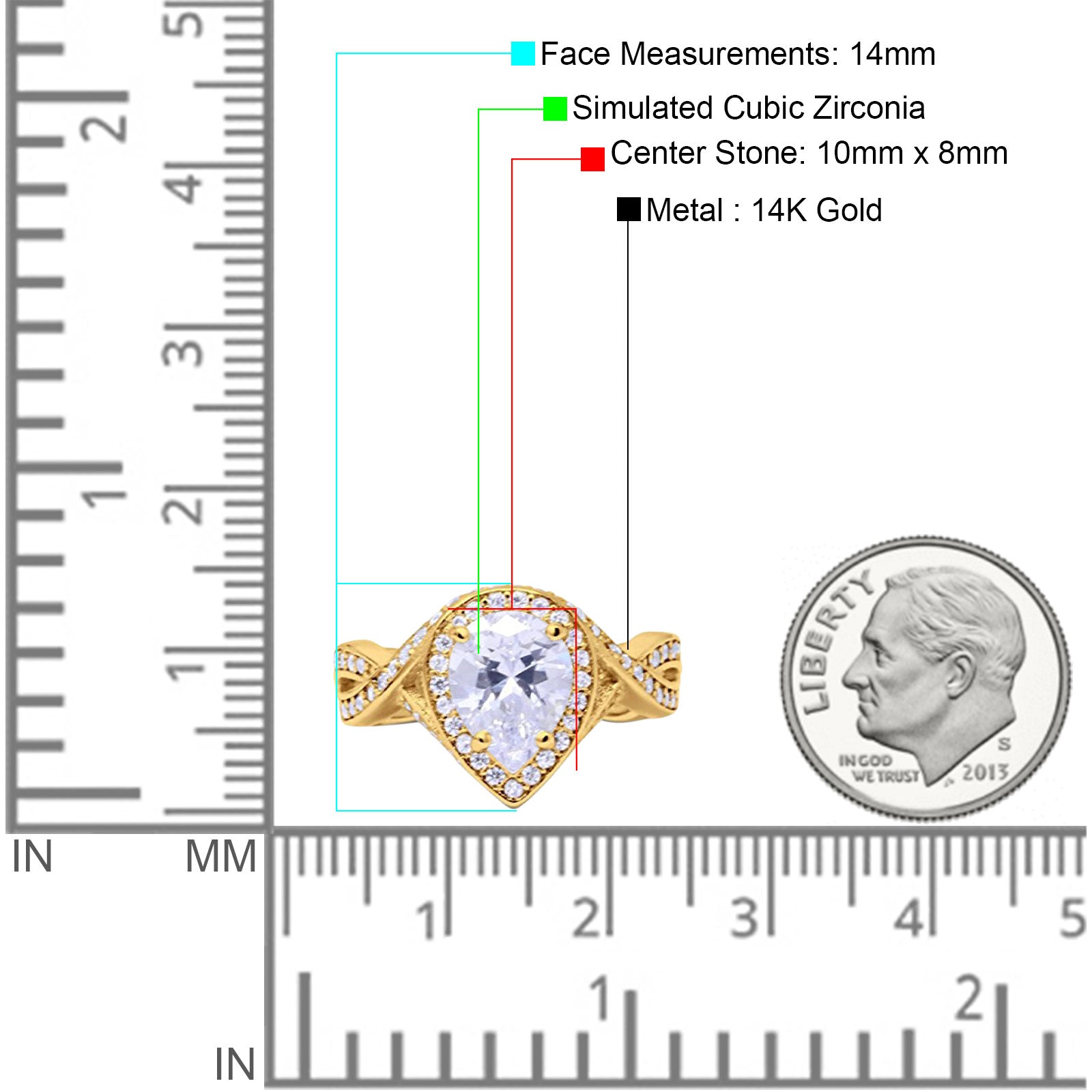 14K Yellow Gold Teardrop Pear Bridal Simulated CZ Wedding Engagement Ring Size-7