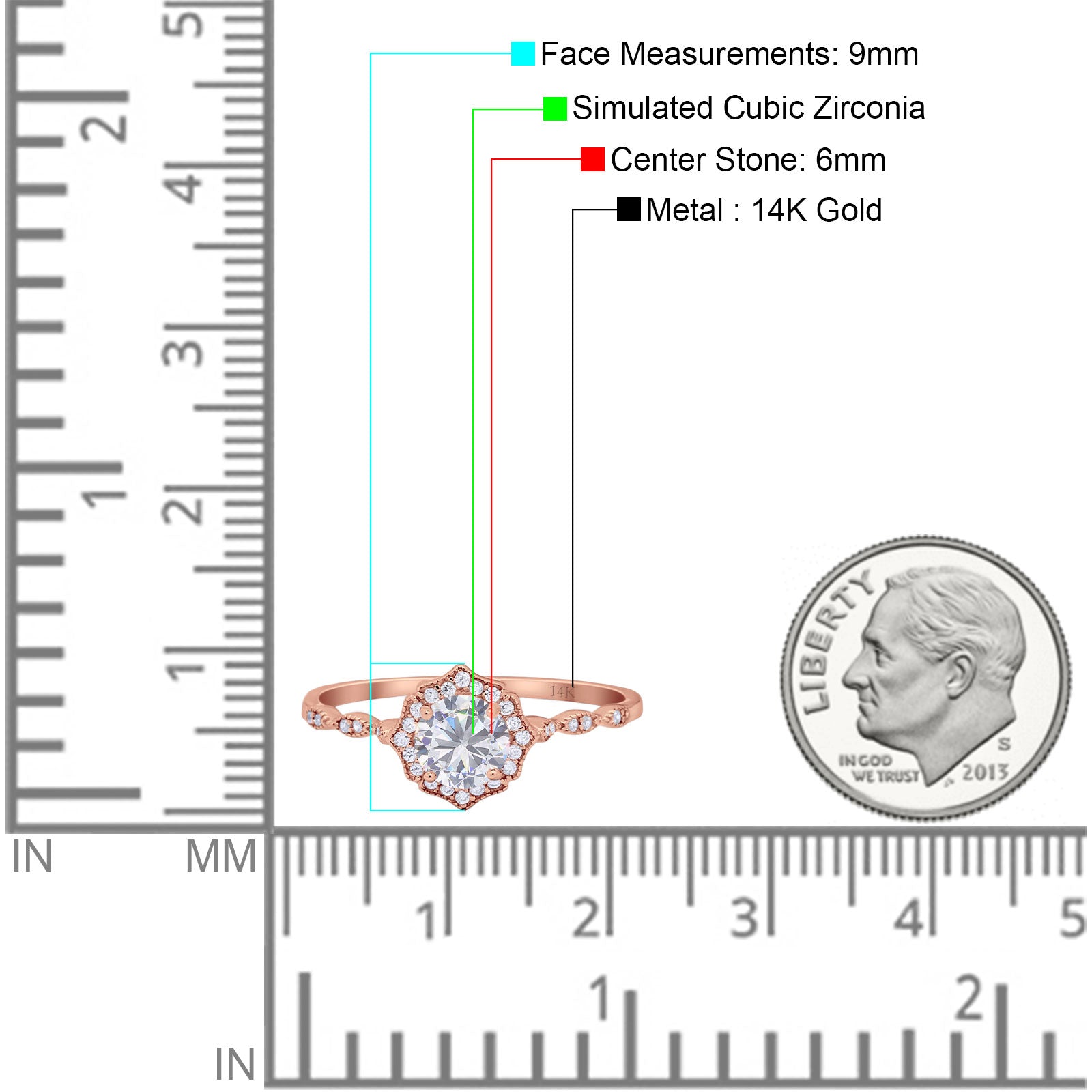 14K Rose Gold Round Petite Dainty Bridal Wedding Engagement Ring Simulated CZ Size-7