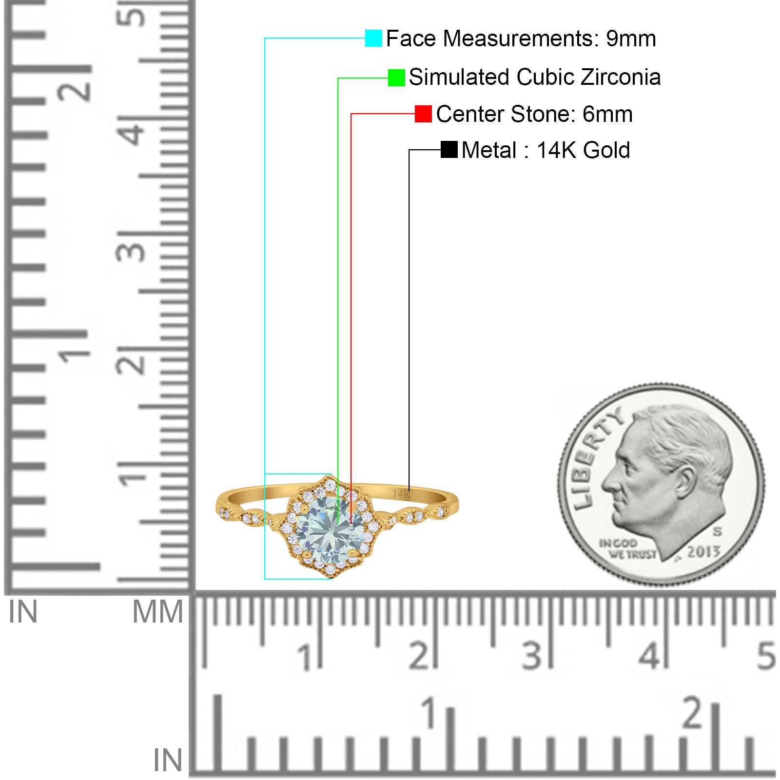 14K Yellow Gold Round Petite Dainty Bridal Wedding Engagement Ring Simulated CZ Size-7