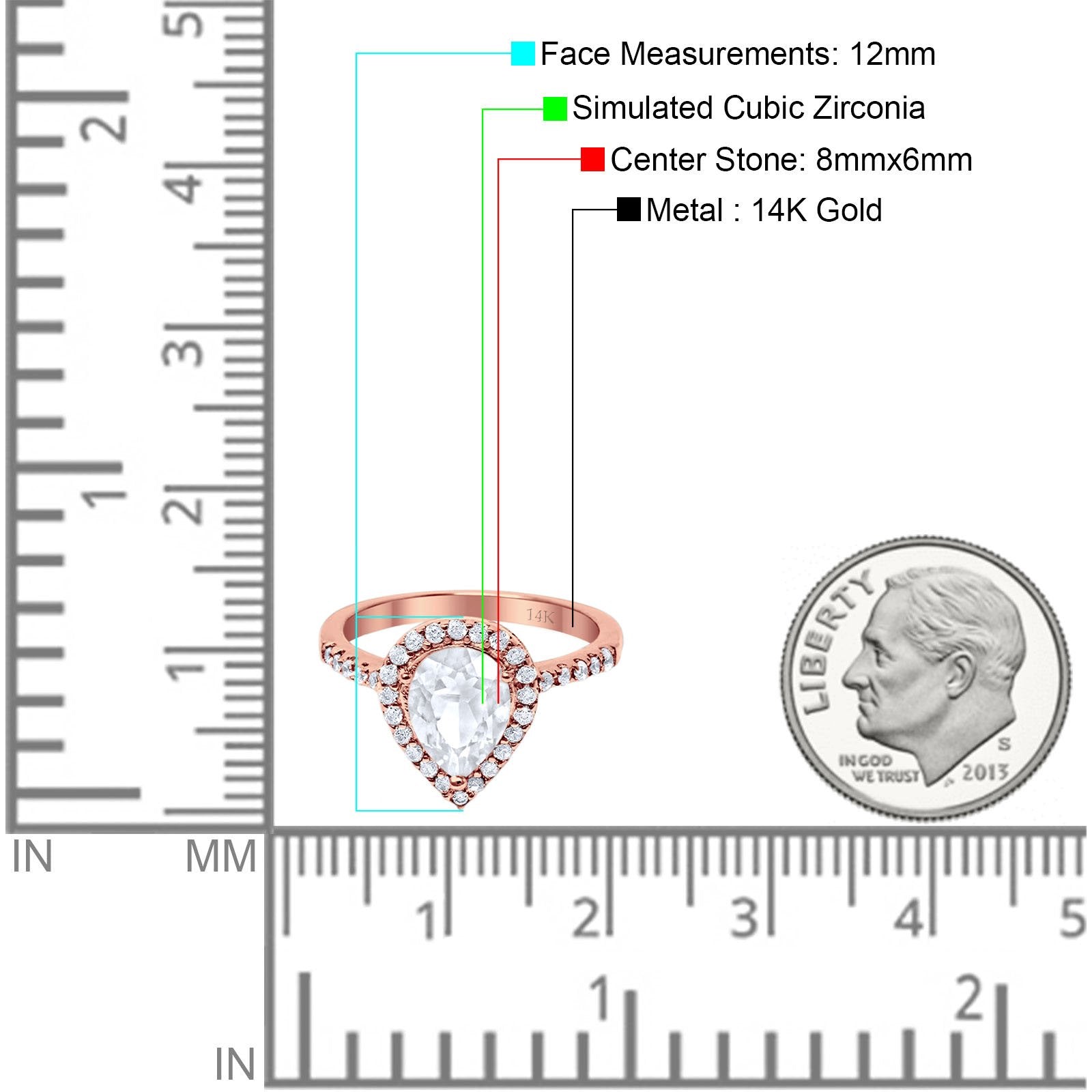14K Rose Gold Halo Teardrop Bridal Filigree Ring Simulated Cubic Zirconia