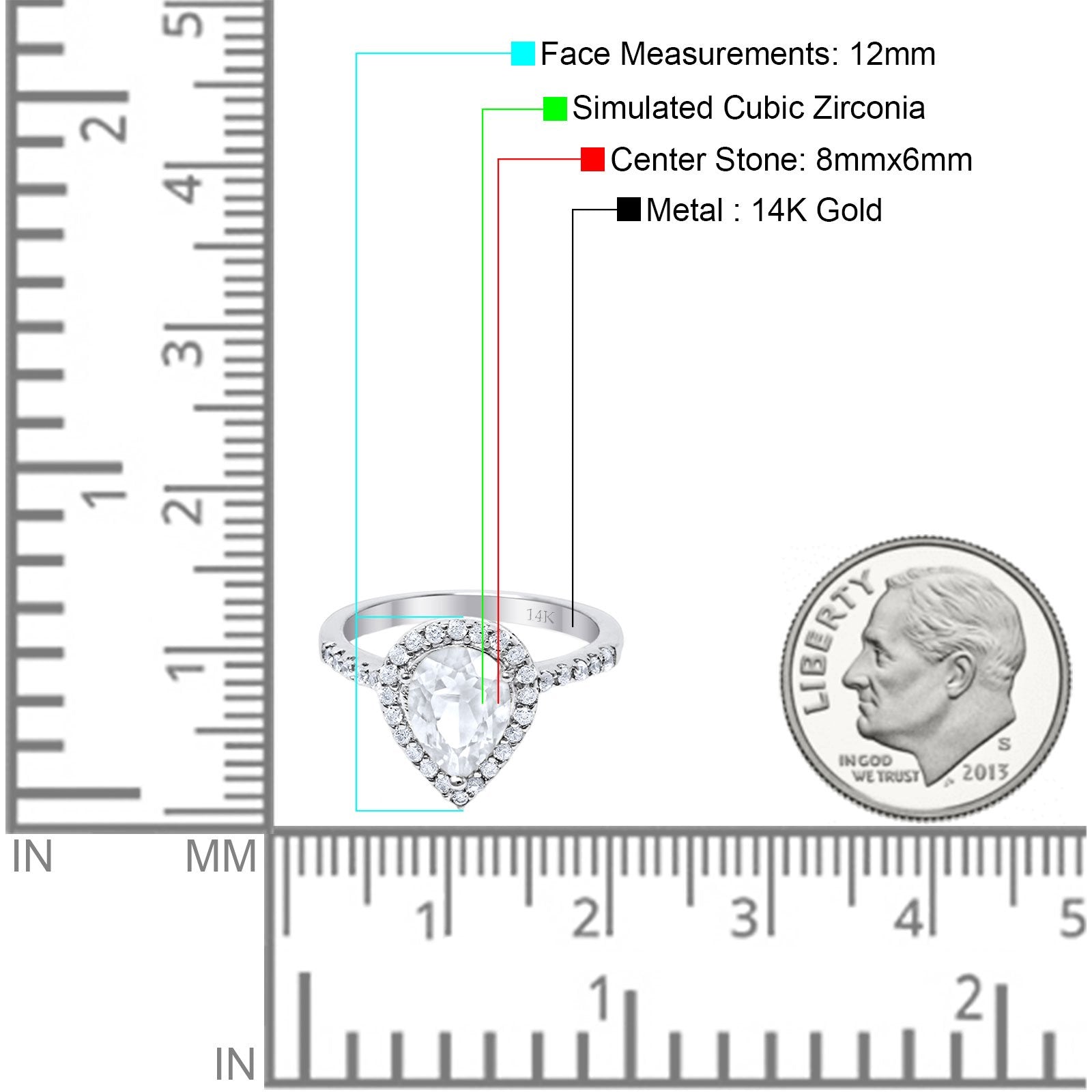 14K White Gold Halo Teardrop Bridal Filigree Ring Simulated Cubic Zirconia