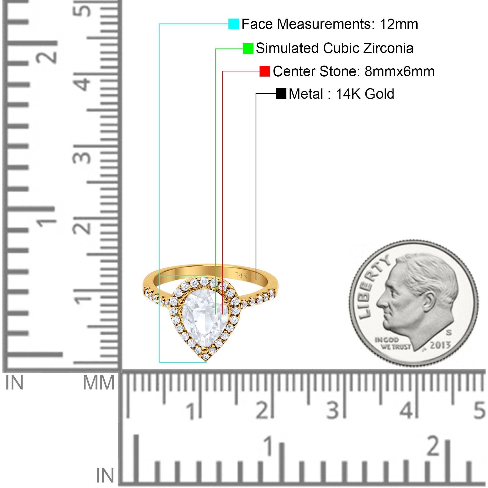 14K Yellow Gold Halo Teardrop Bridal Filigree Ring Simulated Cubic Zirconia