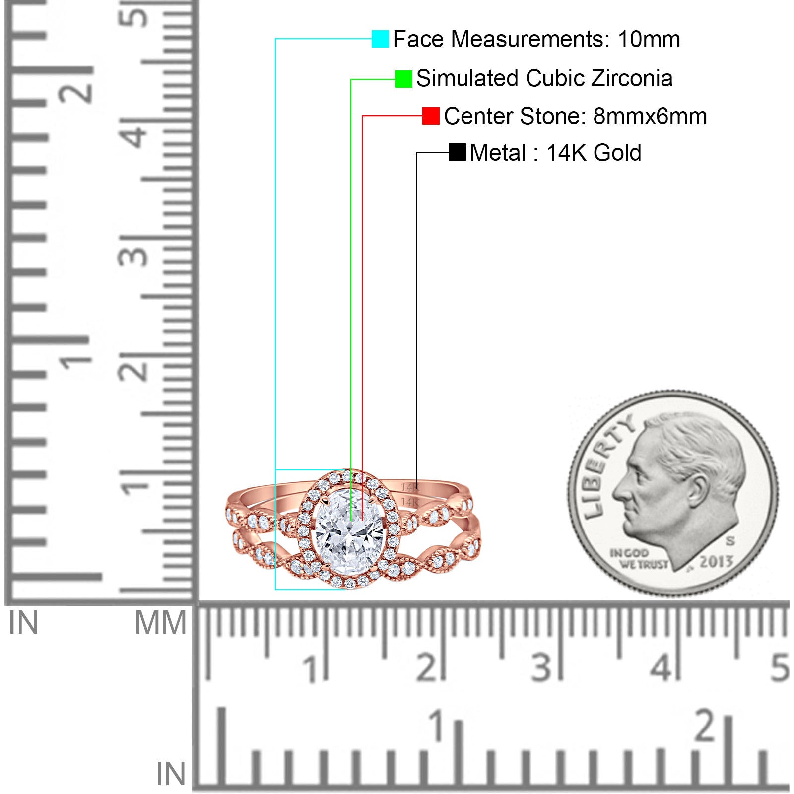 14K Rose Gold Halo Bridal Set Piece Oval Engagement Wedding Ring Simulated CZ Size-7