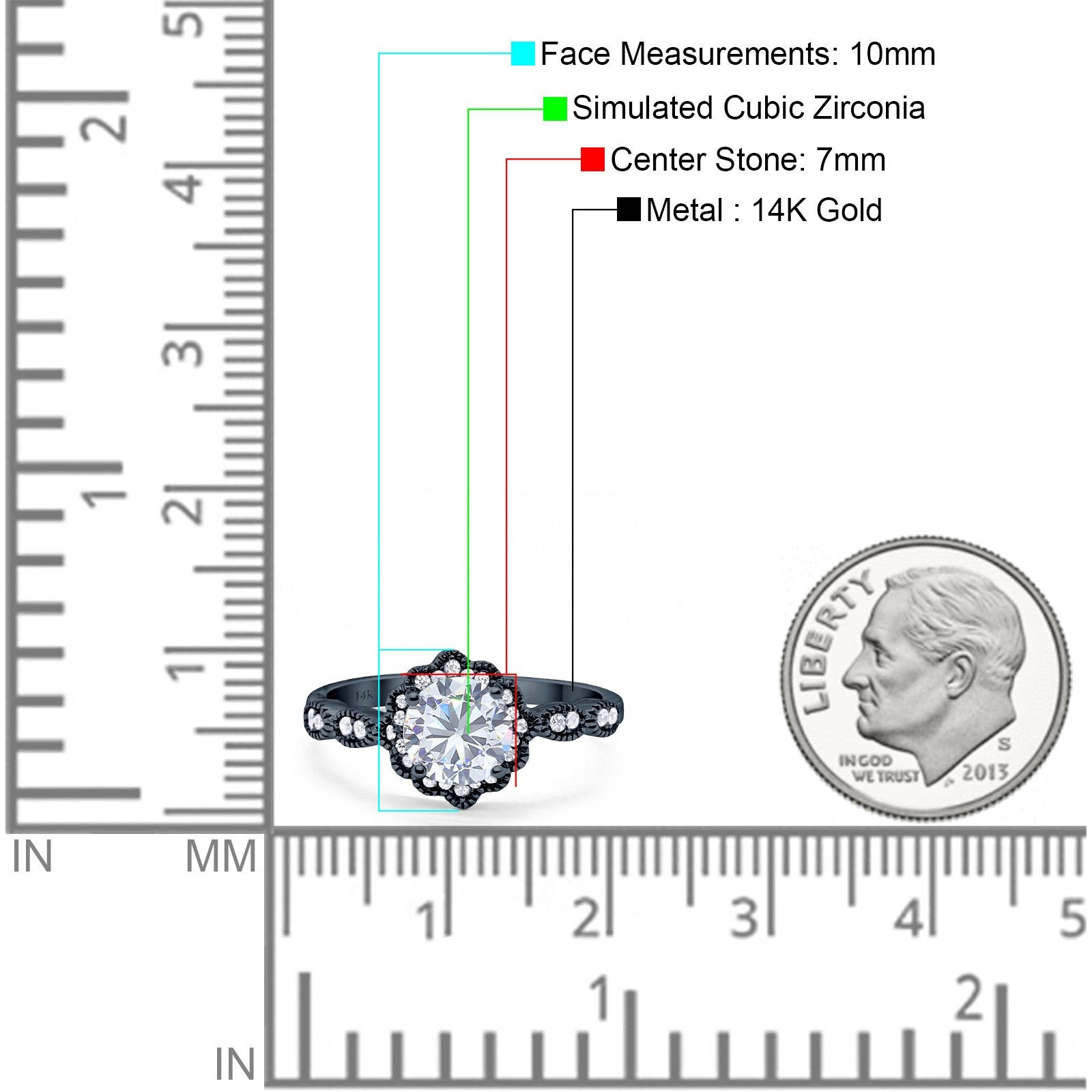 14K Black Gold Halo Floral Art Deco Engagement Rings Round CZ Size 7