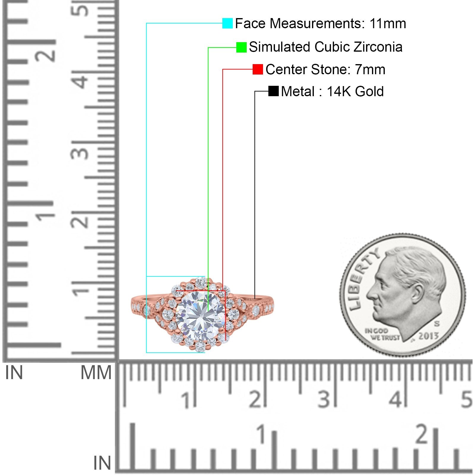 14K Rose Gold Floral Art Deco Engagement Ring Simulated Cubic Zirconia Size-7