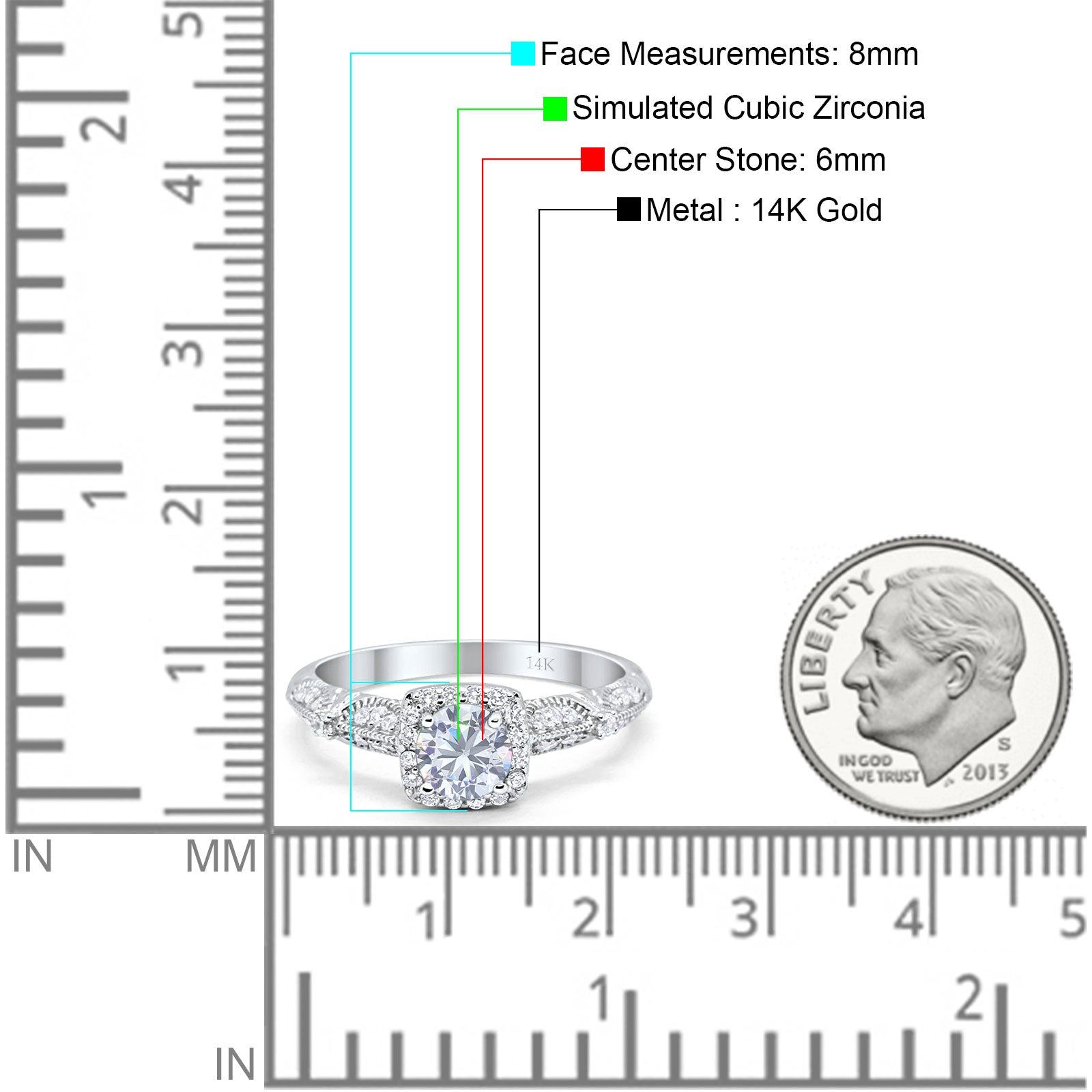 14K White Gold Halo Round Bridal Wedding Engagement Ring Simulated CZ Size-7