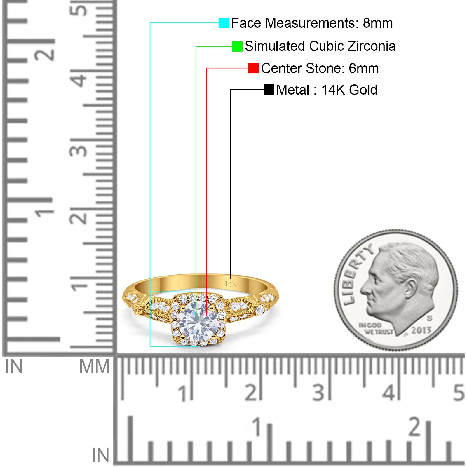 14K Yellow Gold Halo Round Bridal Wedding Engagement Ring Simulated CZ Size-7