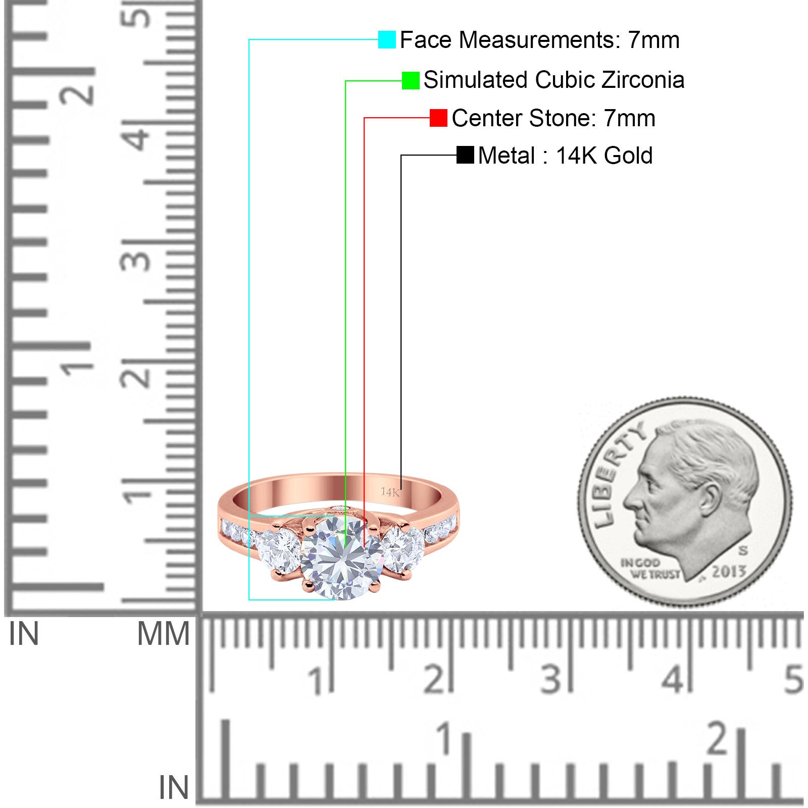 14K Rose Gold Three Stone Wedding Ring Simulated Cubic Zirconia Size-7