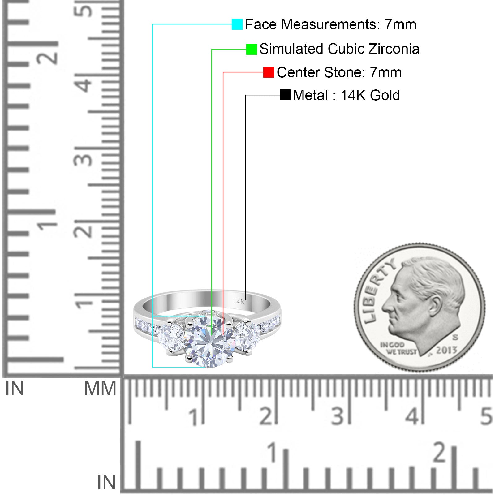 14K White Gold Three Stone Wedding Ring Simulated Cubic Zirconia Size-7