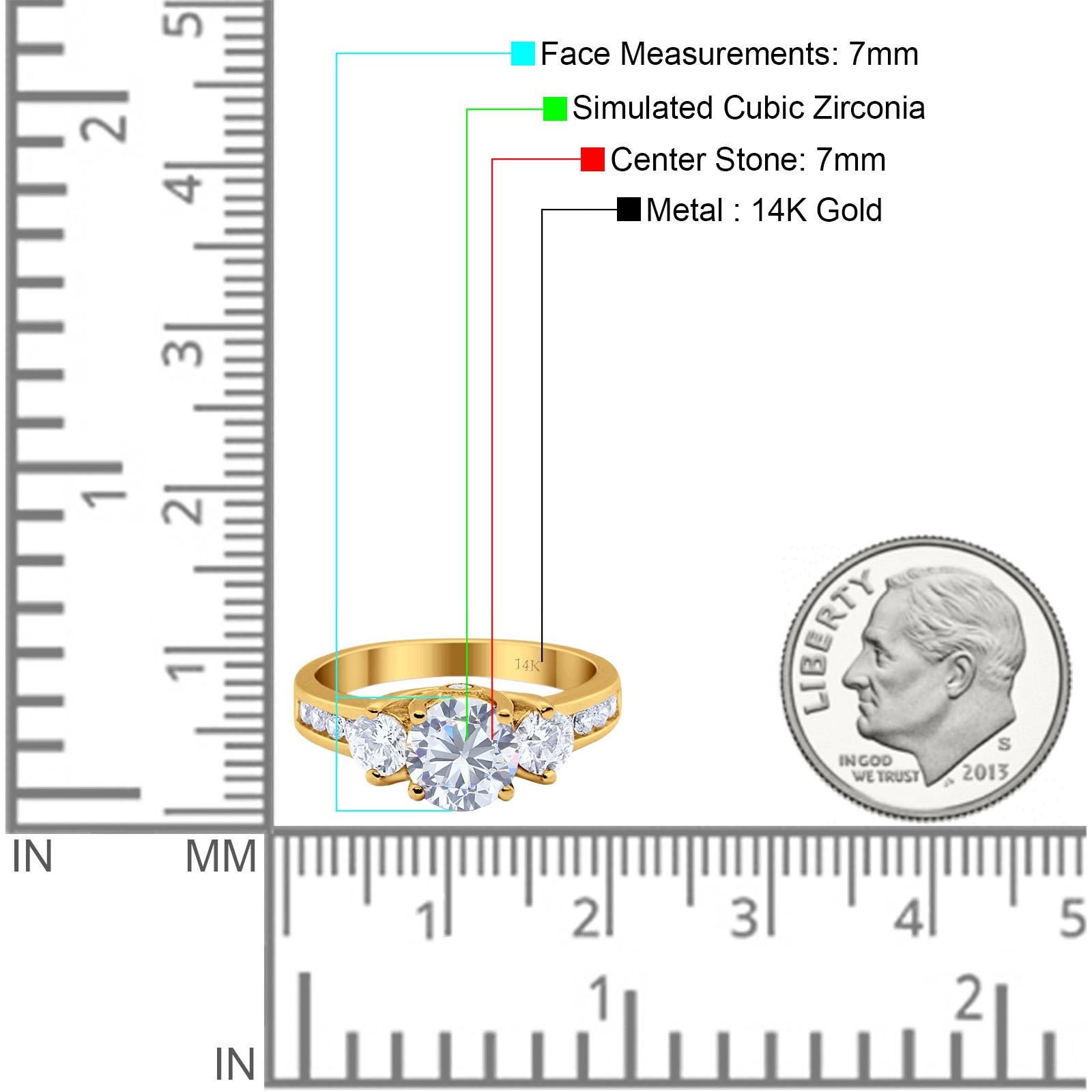 14K Yellow Gold Three Stone Wedding Ring Simulated Cubic Zirconia Size-7