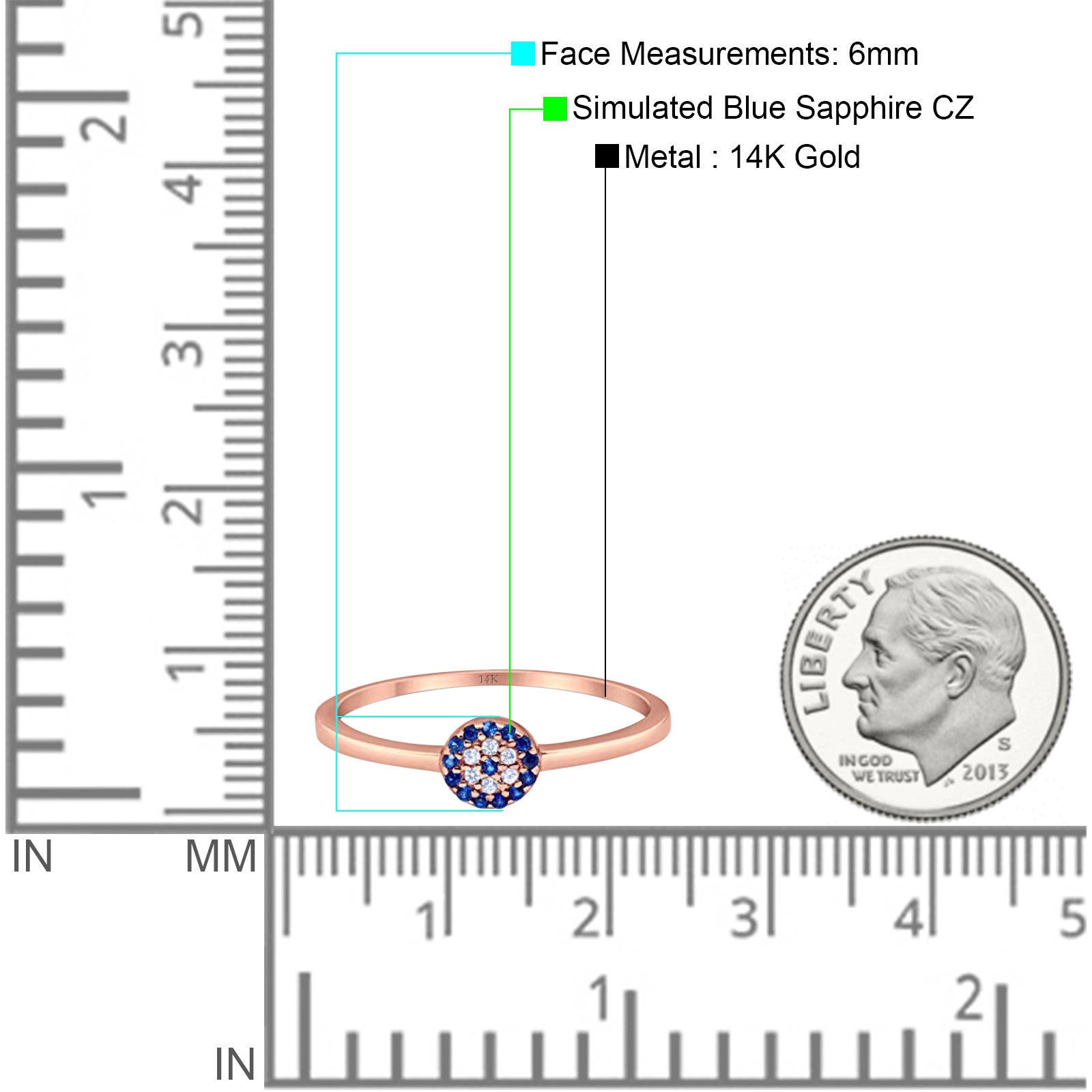 14K Rose Gold Evil Eye Simulated Blue Sapphire Round Bridal CZ Wedding Engagement Ring Size-7