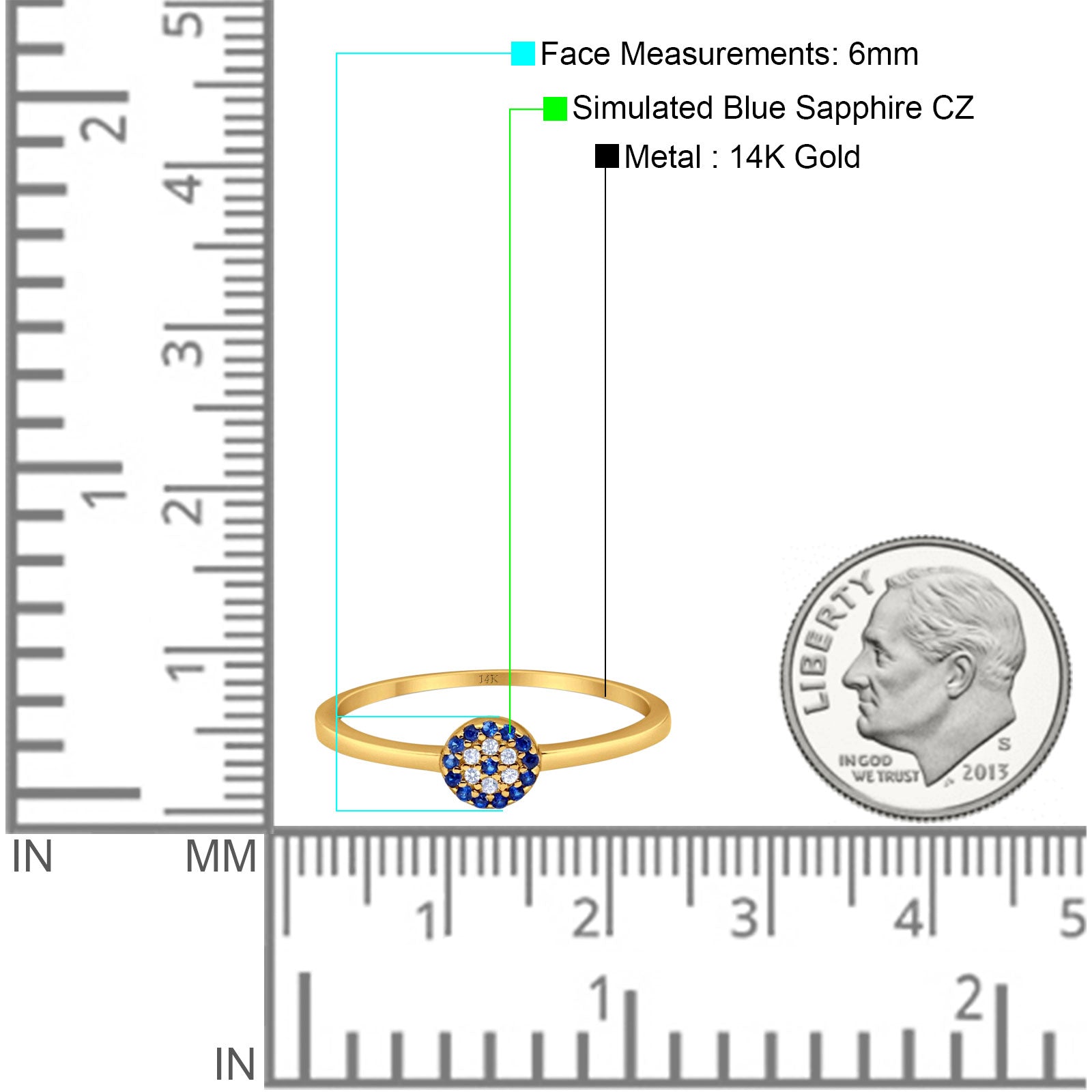 14K Yellow Gold Evil Eye Simulated Blue Sapphire Round Bridal CZ Wedding Engagement Ring Size-7