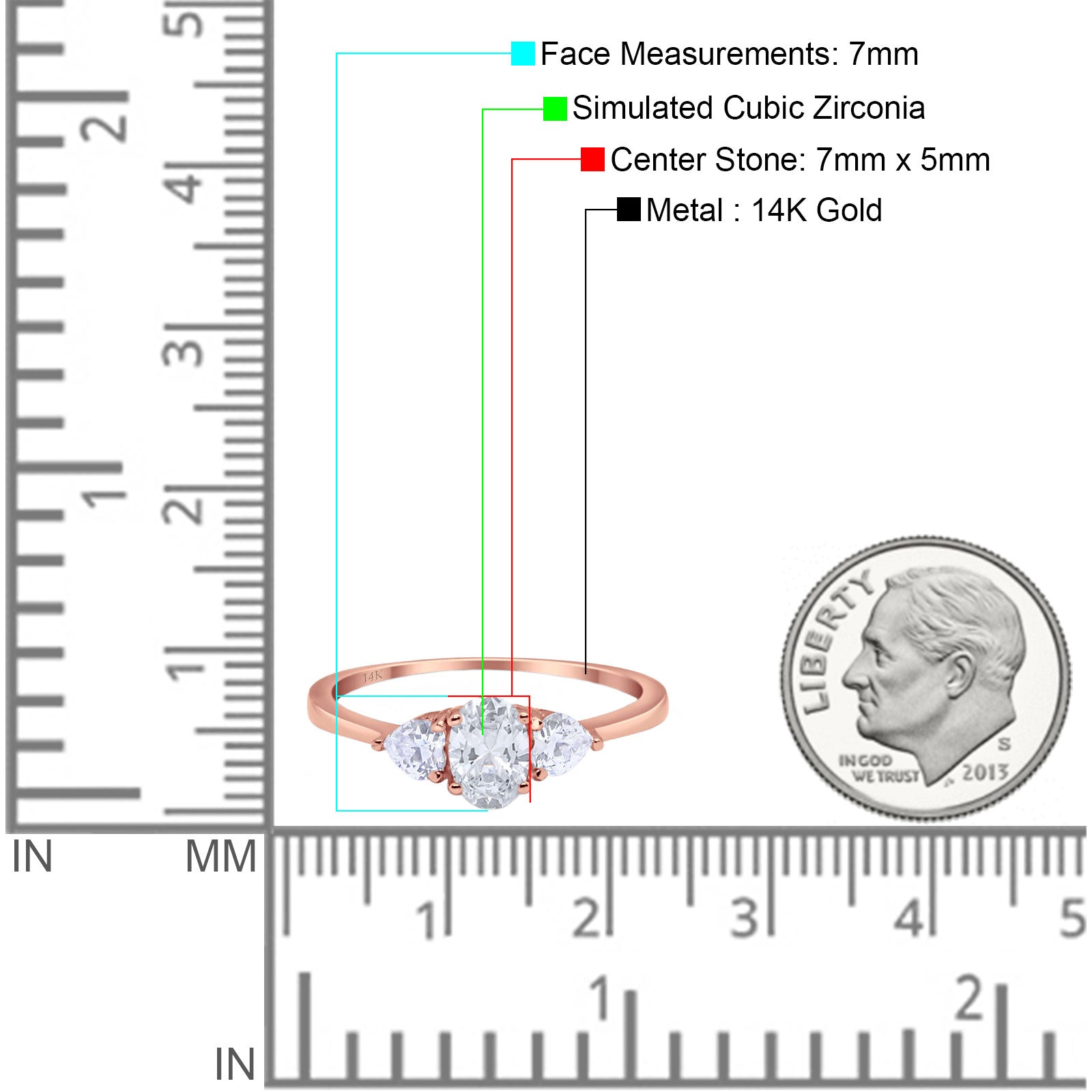 14K Rose Gold Three Stone Fashion Promise Ring Oval Simulated Cubic Zirconia Size-7