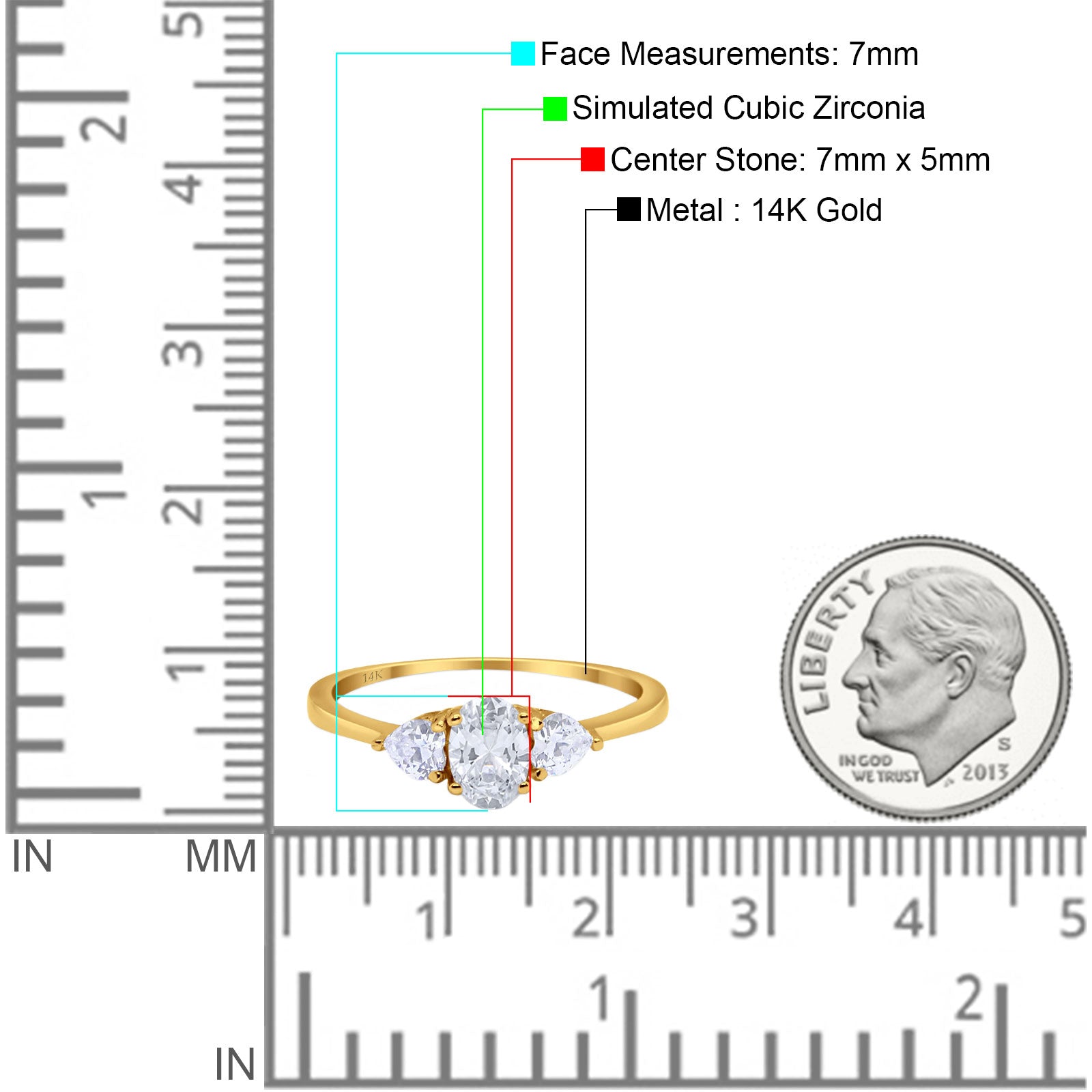 14K Yellow Gold Three Stone Fashion Promise Ring Oval Simulated Cubic Zirconia Size-7