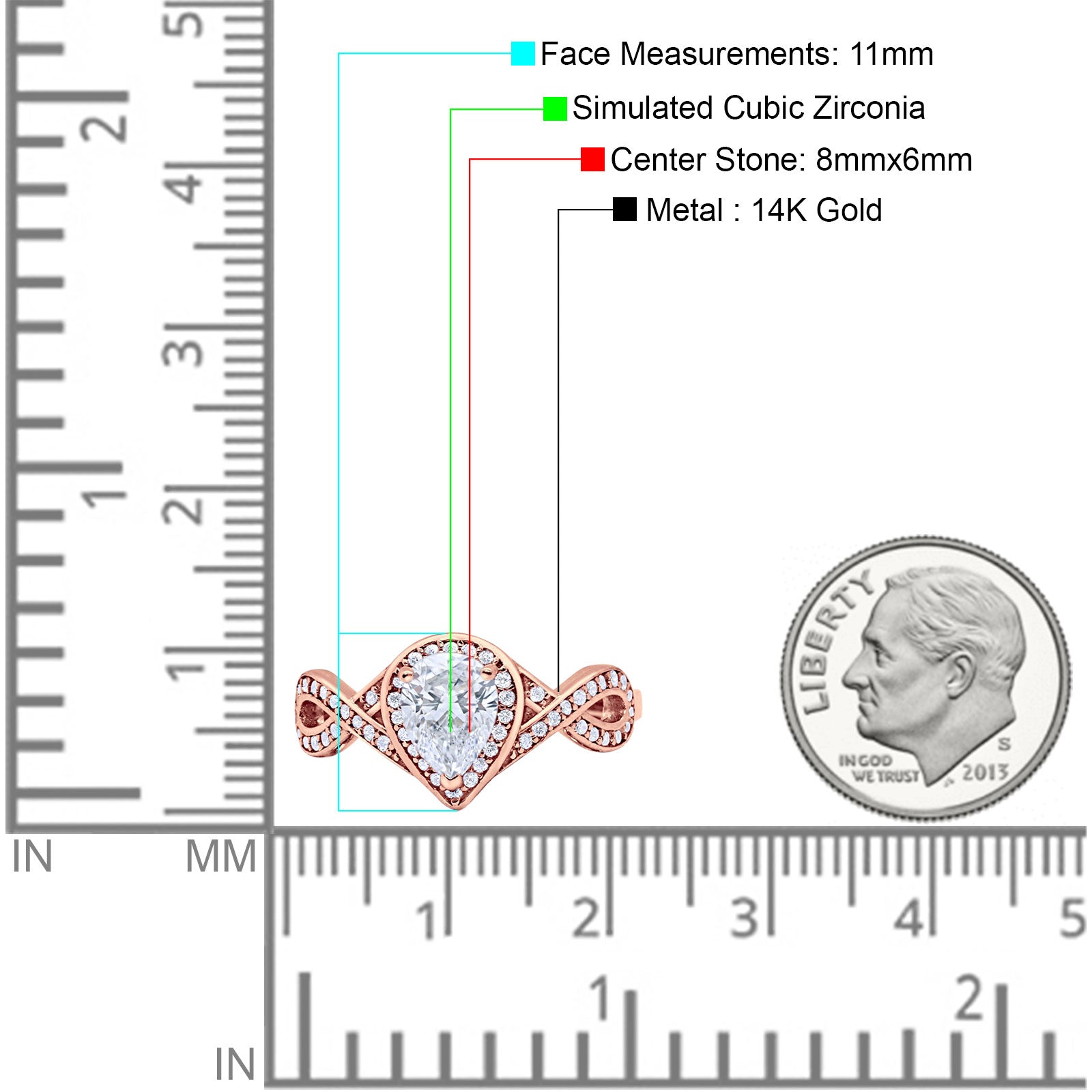 14K Rose Gold Teardrop Art Deco Wedding Ring Simulated Cubic Zirconia Size-7