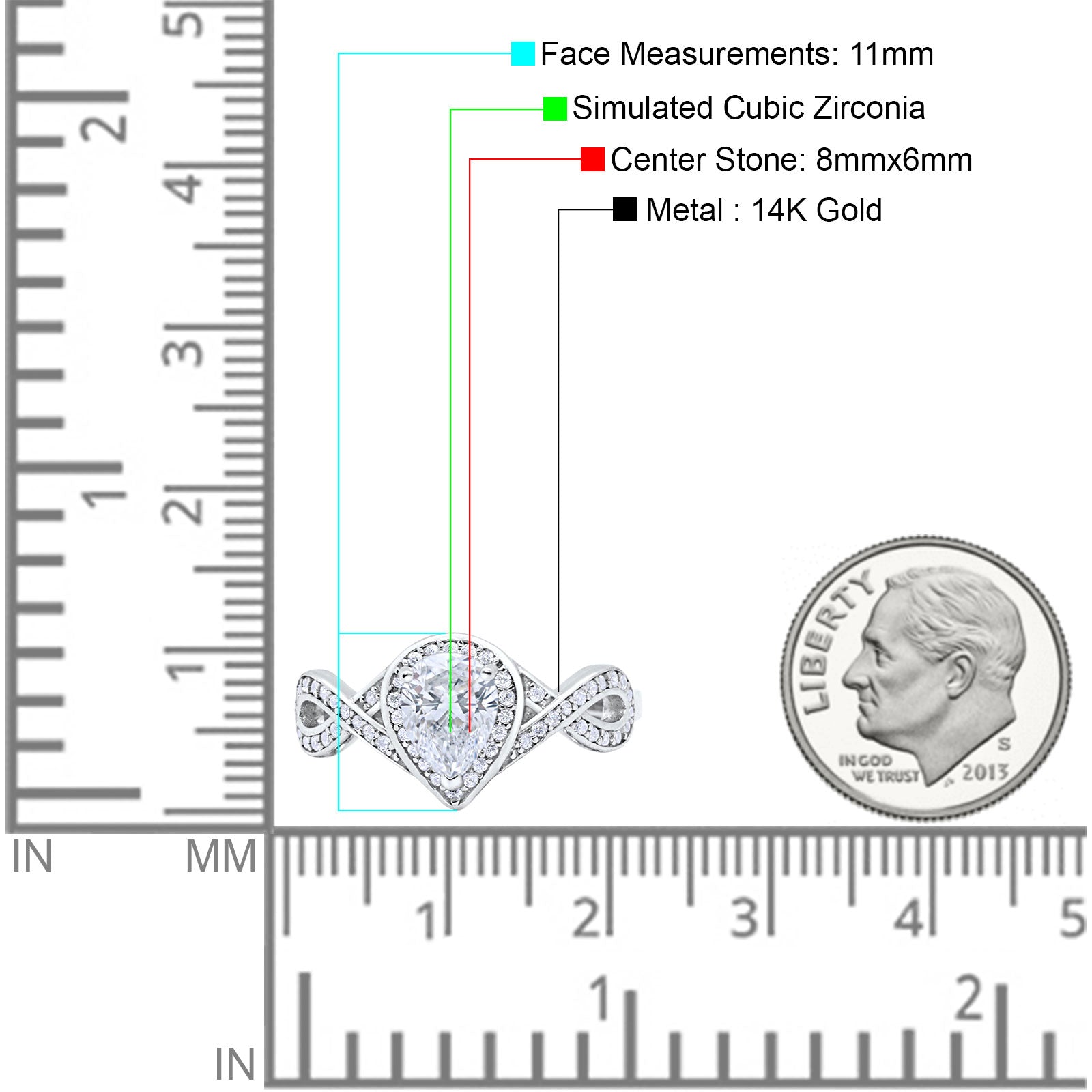 14K White Gold Teardrop Art Deco Wedding Ring Simulated Cubic Zirconia Size-7