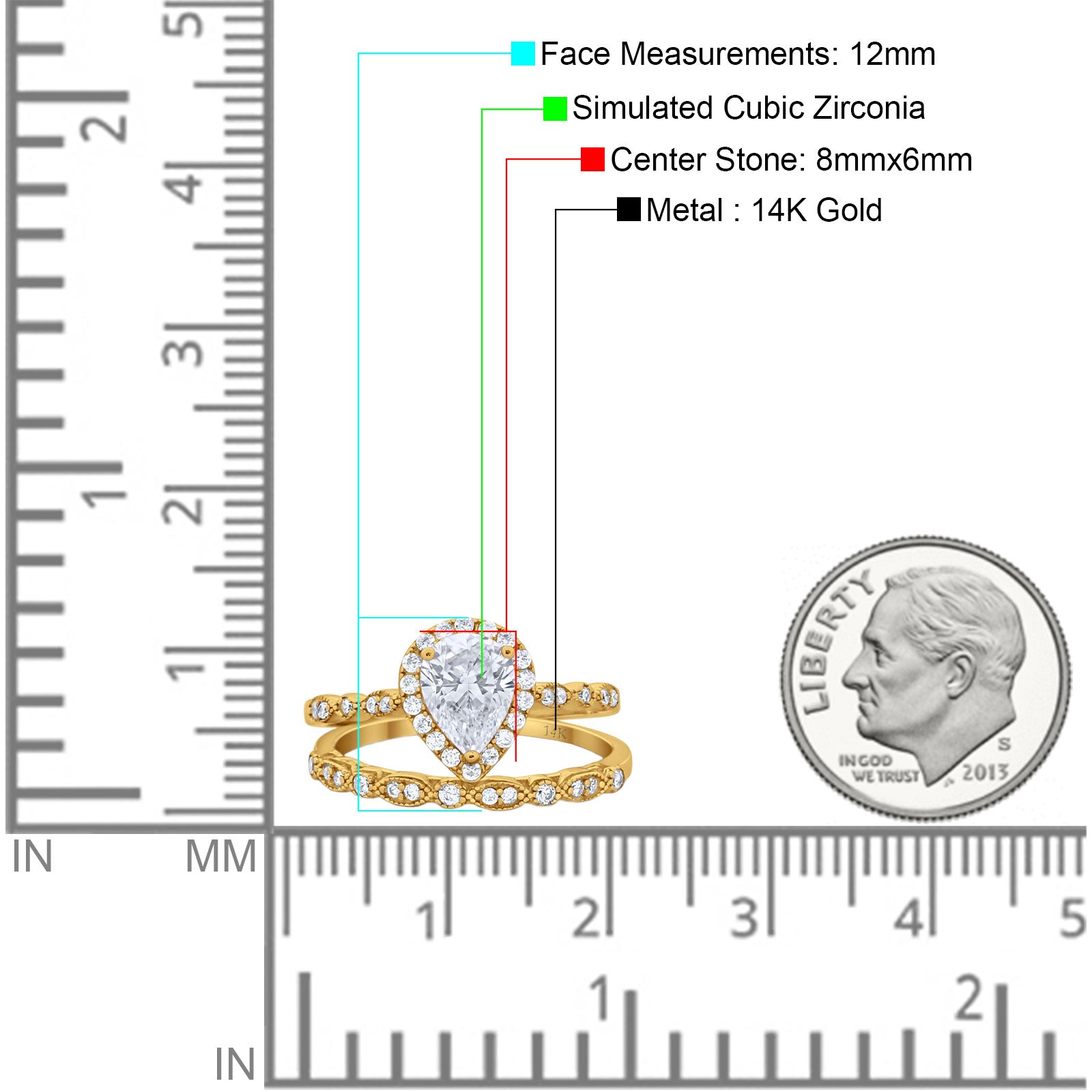 14K Yellow Gold Pear Teardrop Bridal Set Ring Band Engagement Piece Simulated CZ Size-7