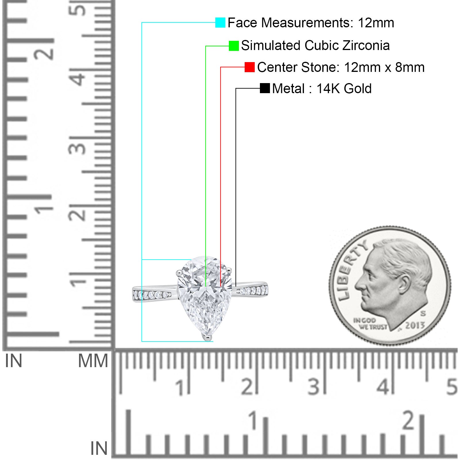 14K White Gold Teardrop Pear Bridal Wedding Engagement Ring Simulated CZ