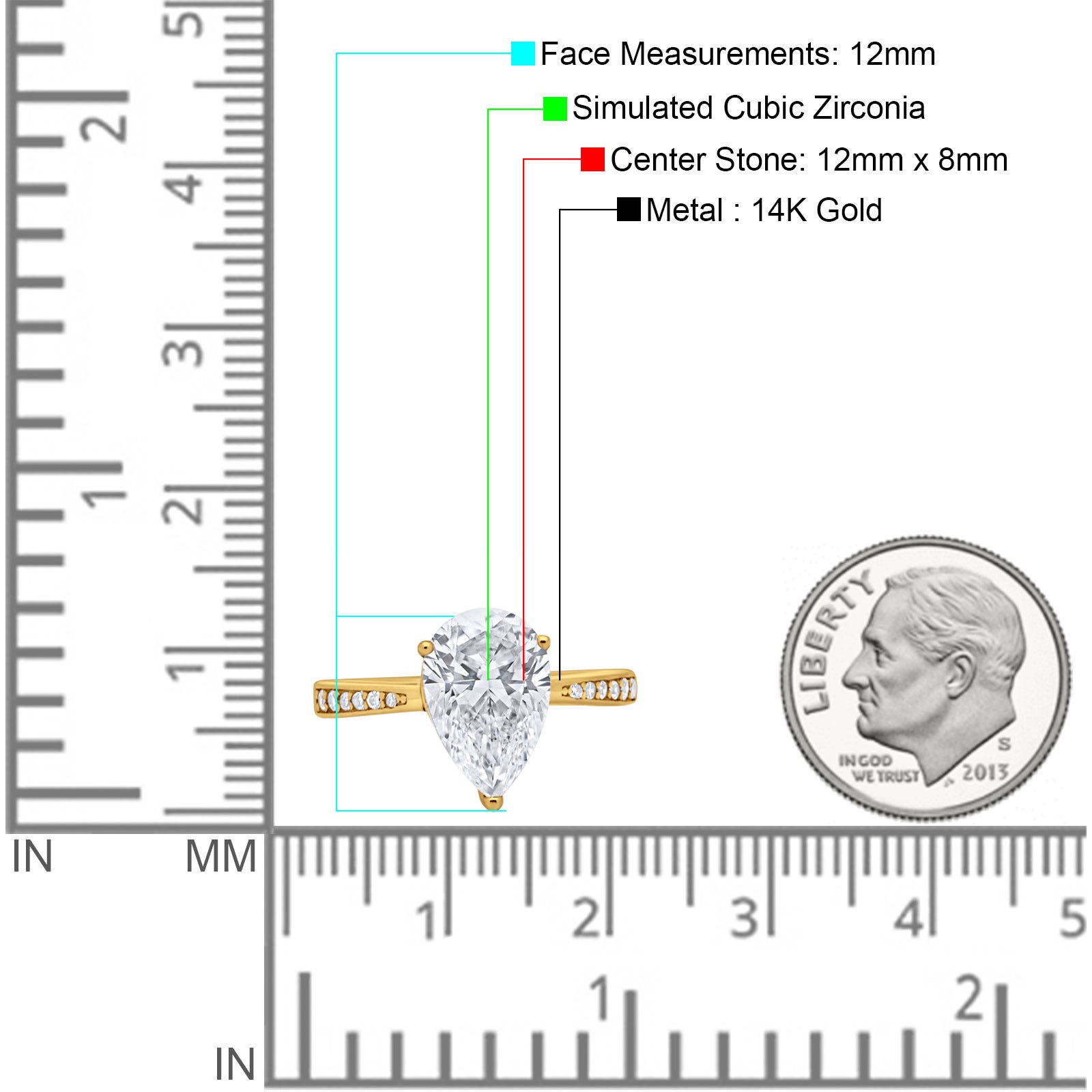 14K Yellow Gold Teardrop Pear Bridal Wedding Engagement Ring Simulated CZ