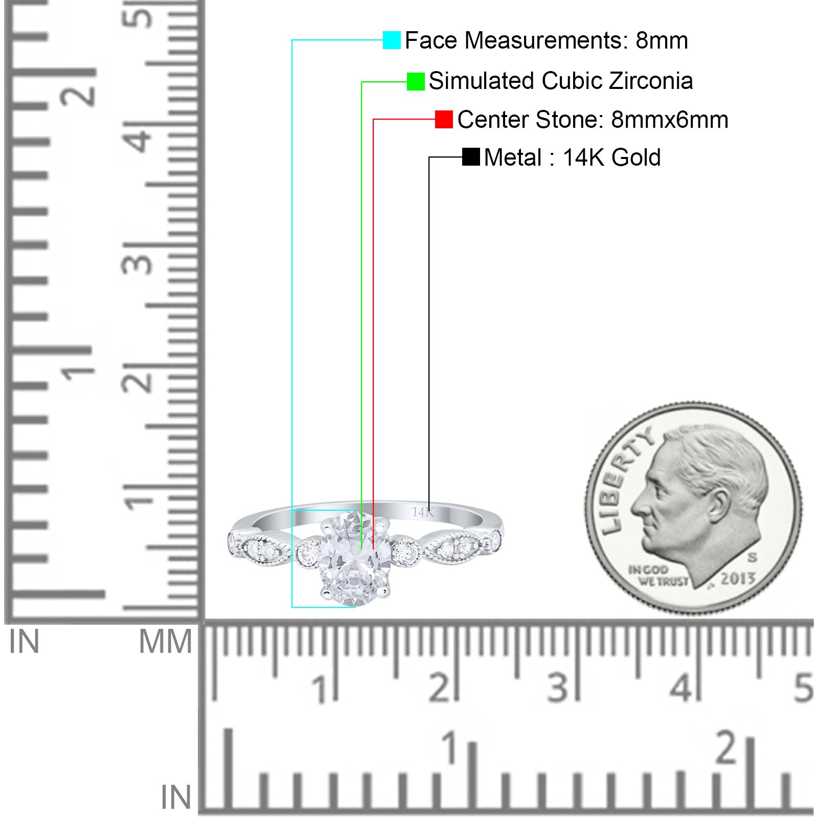 14K White Gold Vintage Style Oval Bridal Wedding Engagement Ring Simulated CZ