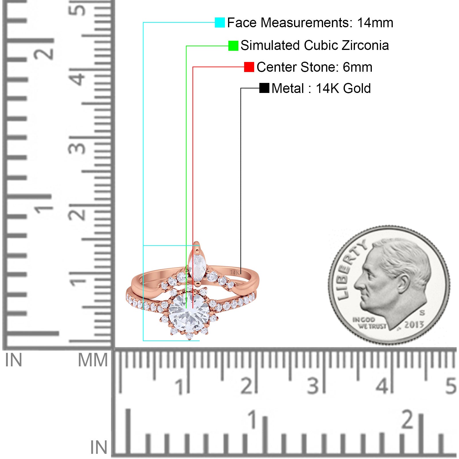 14K Rose Gold Two Piece Art Deco Bridal Set Ring Band Round Engagement Piece Simulated CZ Size-7
