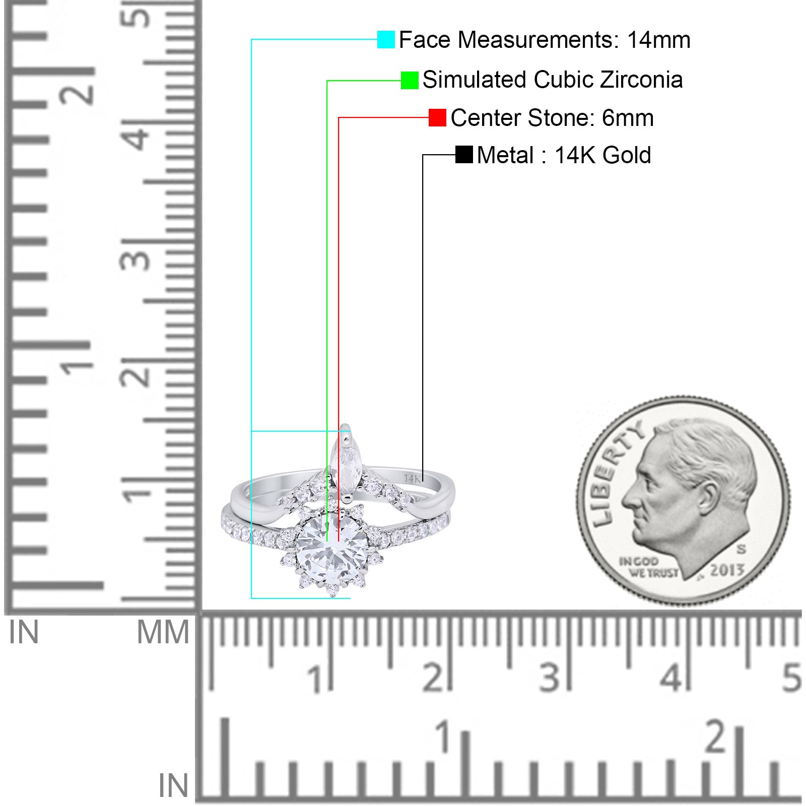 14K White Gold Two Piece Art Deco Bridal Set Ring Band Round Engagement Piece Simulated CZ Size-7