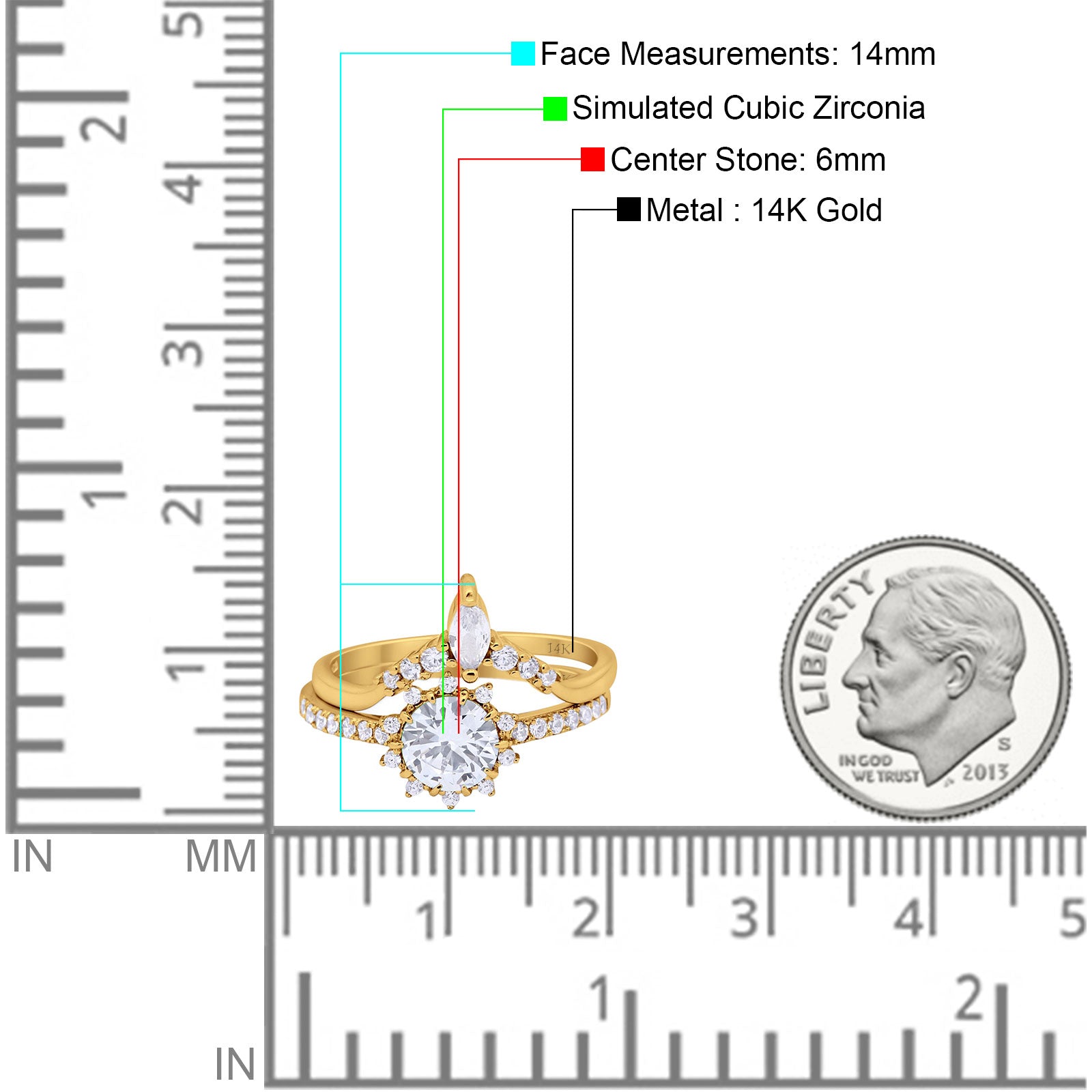 14K Yellow Gold Two Piece Art Deco Bridal Set Ring Band Round Engagement Piece Simulated CZ Size-7