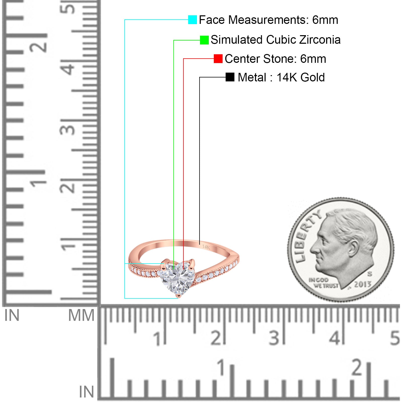 14K Rose Gold Heart Promise Ring Simulated Cubic Zirconia Size-7