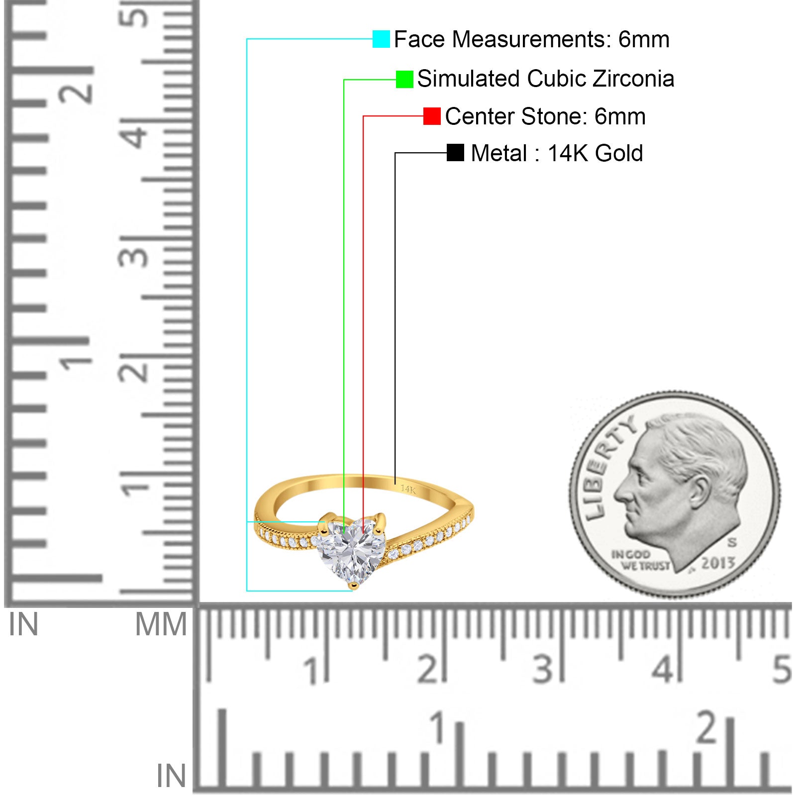 14K Yellow Gold Heart Promise Ring Simulated Cubic Zirconia Size-7