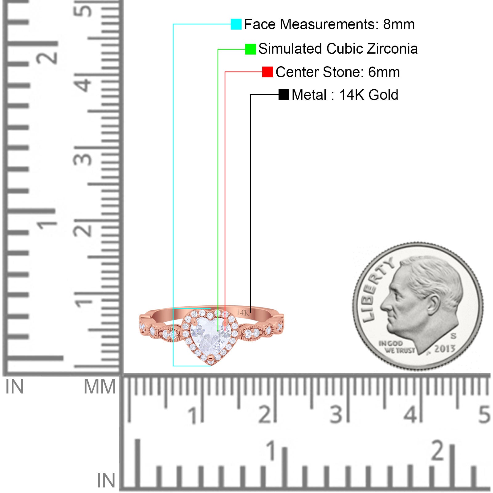 14K Rose Gold Art Deco Heart Promise Wedding Engagement Ring Simulated CZ Size-7