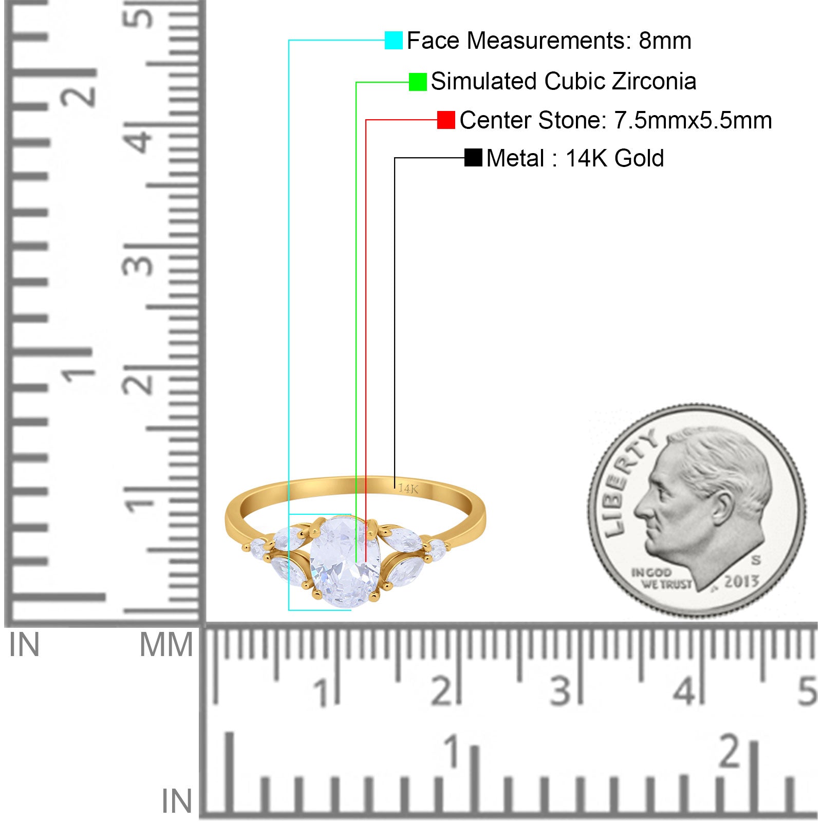 14K Yellow Gold Oval Art Deco Engagement Ring Marquise Simulated CZ Size-7