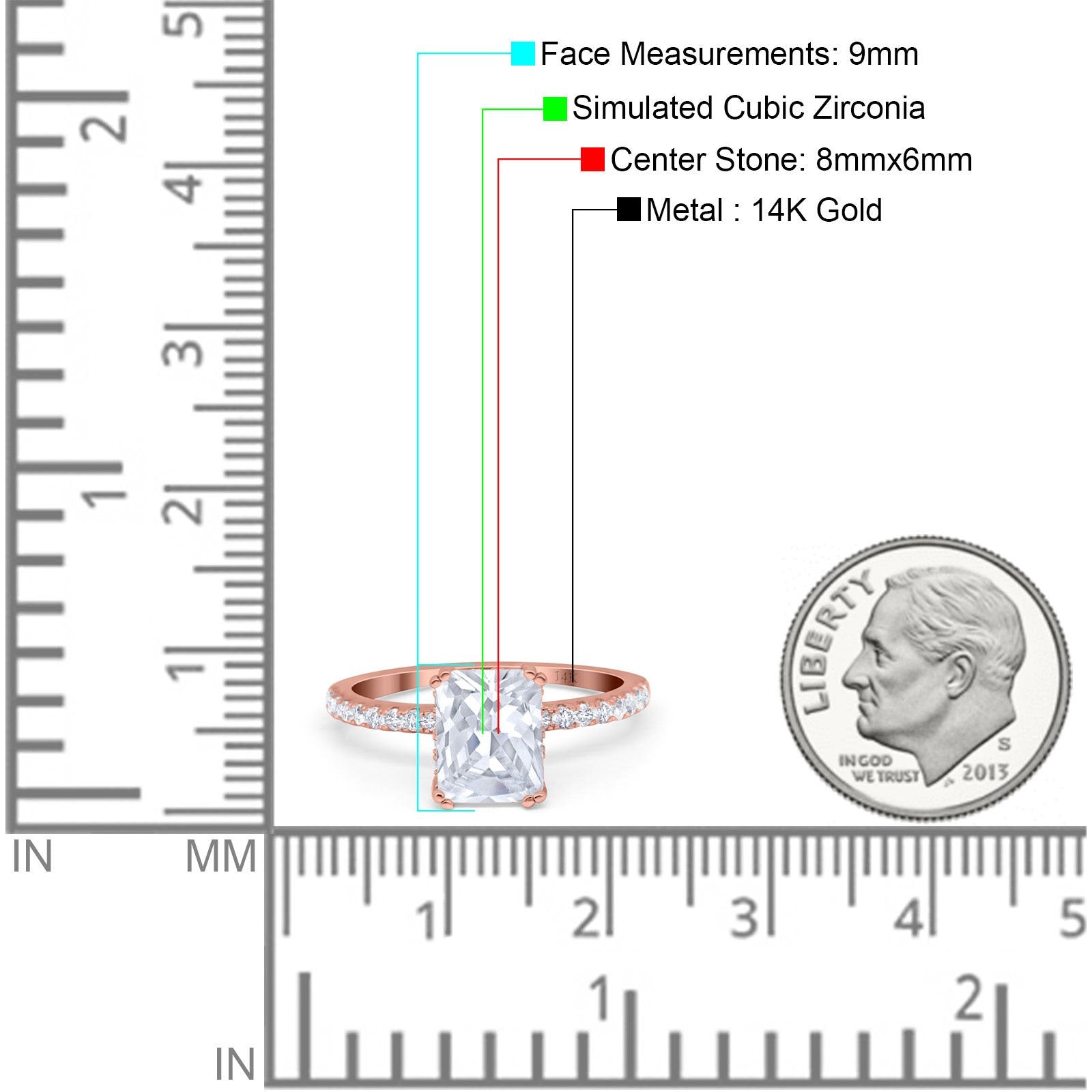 14K Rose Gold Art Deco Radiant Cut Engagement Ring Simulated Cubic Zirconia Size-7