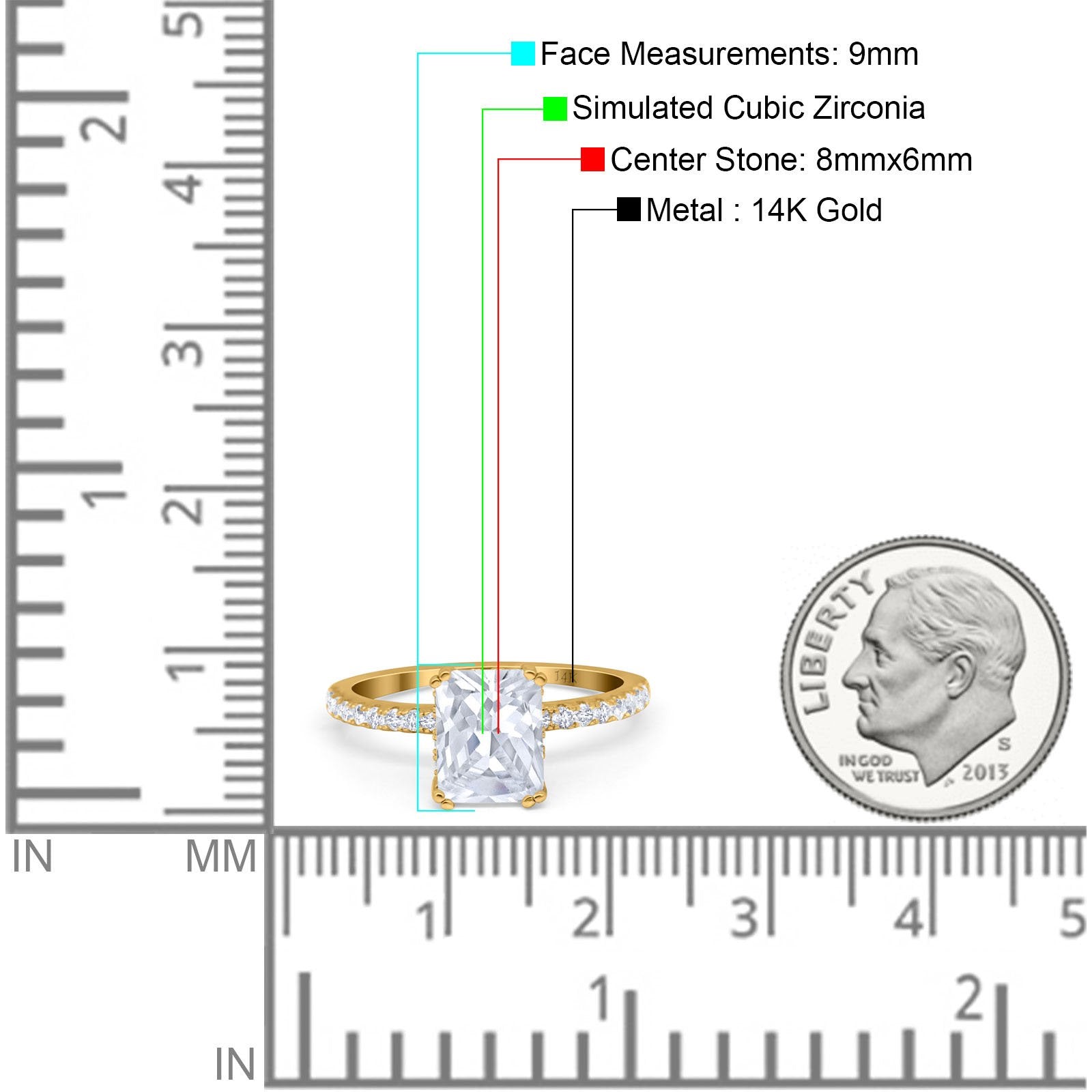 14K Yellow Gold Art Deco Radiant Cut Engagement Ring Simulated Cubic Zirconia