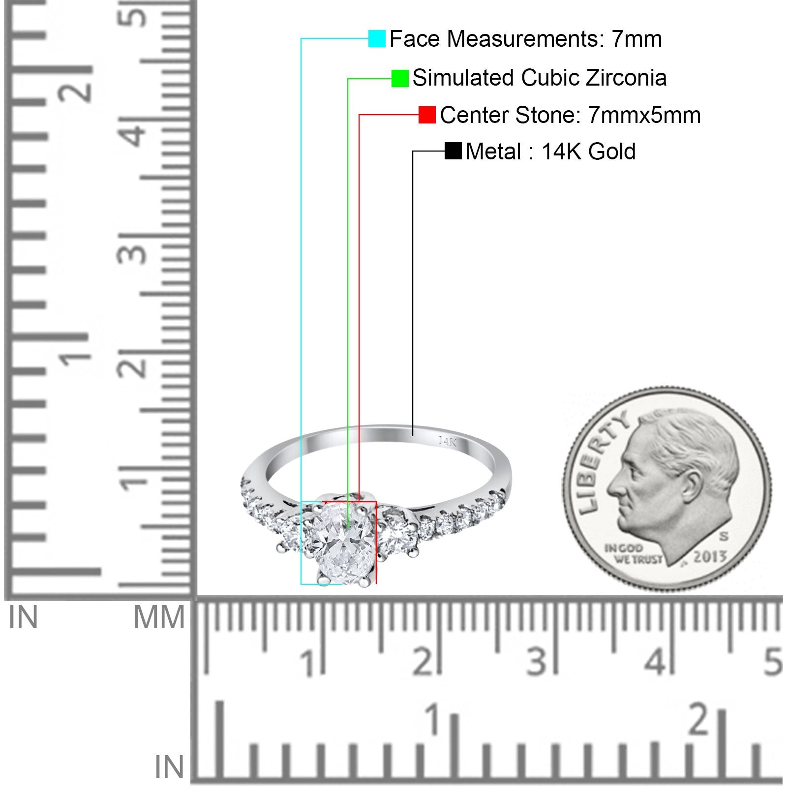 14K White Gold Oval Accent Wedding Ring Simulated Cubic Zirconia Size-7
