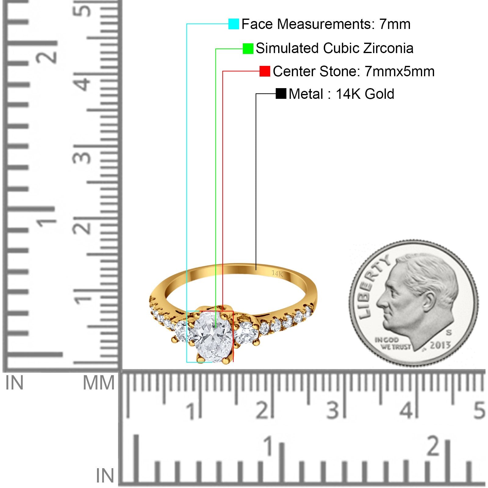 14K Yellow Gold Oval Accent Wedding Ring Simulated Cubic Zirconia Size-7