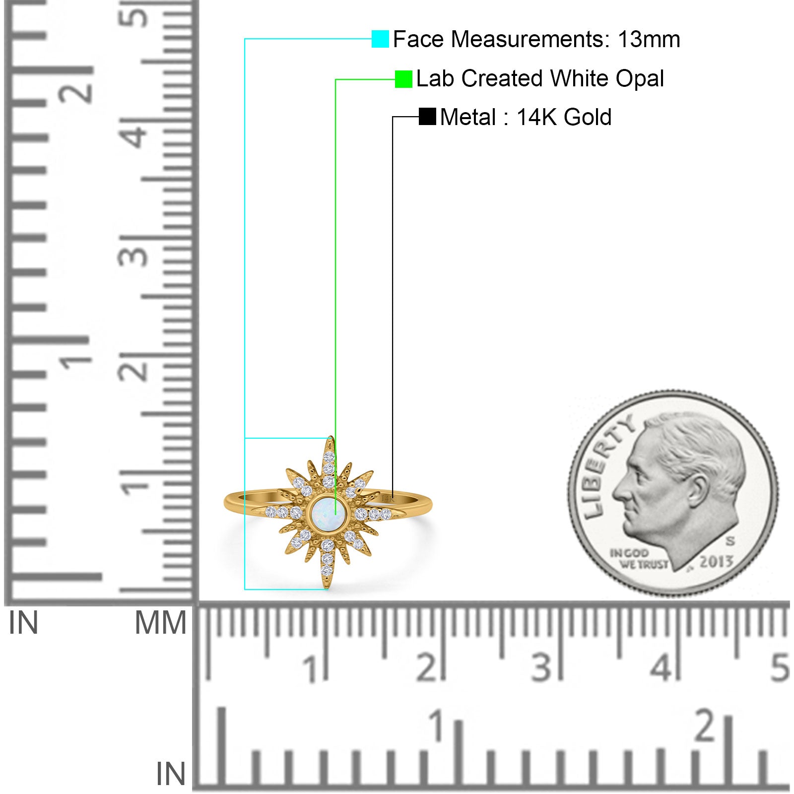 14K Yellow Gold Cluster Starburst Ring Round Lab Created White Opal Bridal Simulated CZ Wedding Engagement Size-7