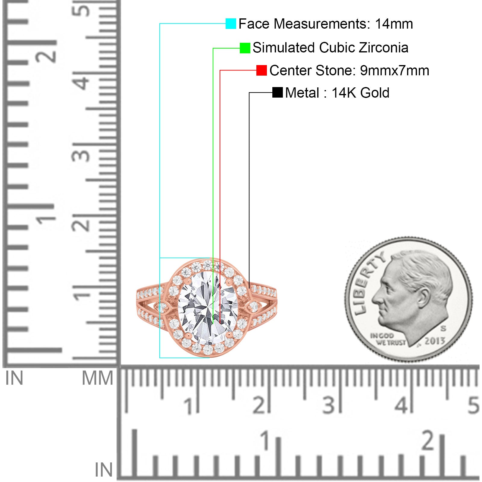 14K Rose Gold Oval Art Deco Split Shank Bridal Wedding Engagement Ring Simulated CZ Size-7