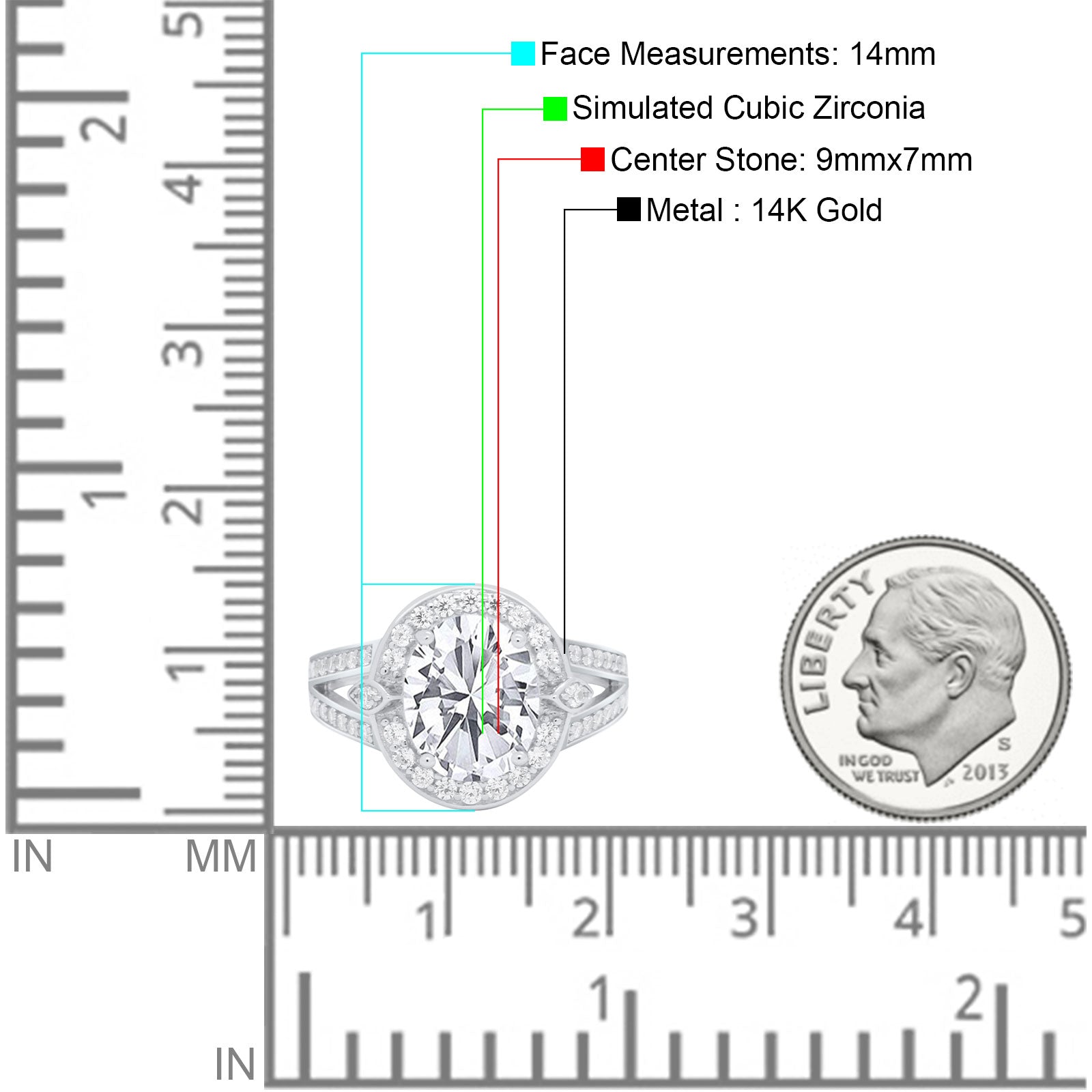 14K White Gold Oval Art Deco Split Shank Bridal Wedding Engagement Ring Simulated CZ Size-7