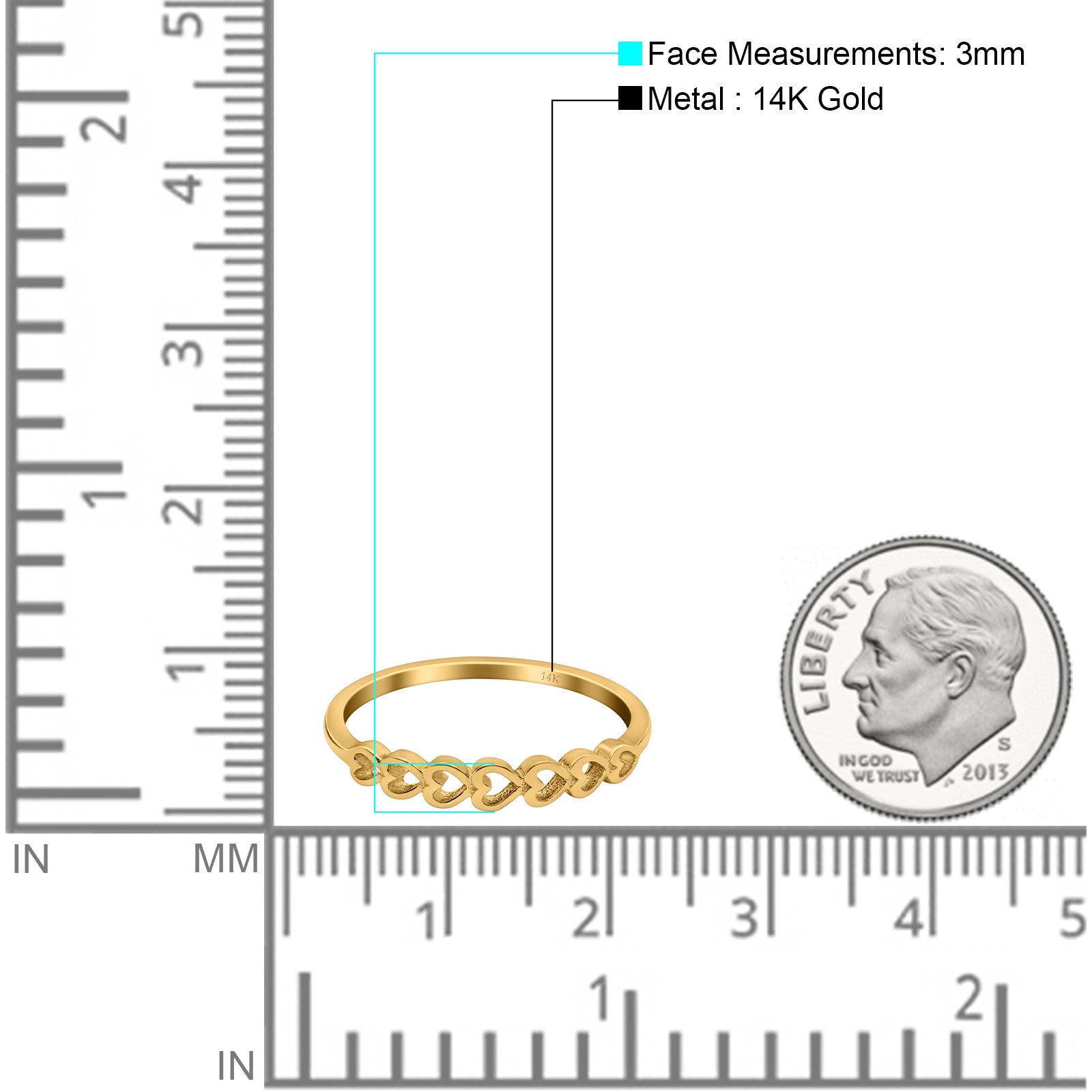 14K Yellow Gold Hearts Band Simple Wedding Engagement Ring (3mm)