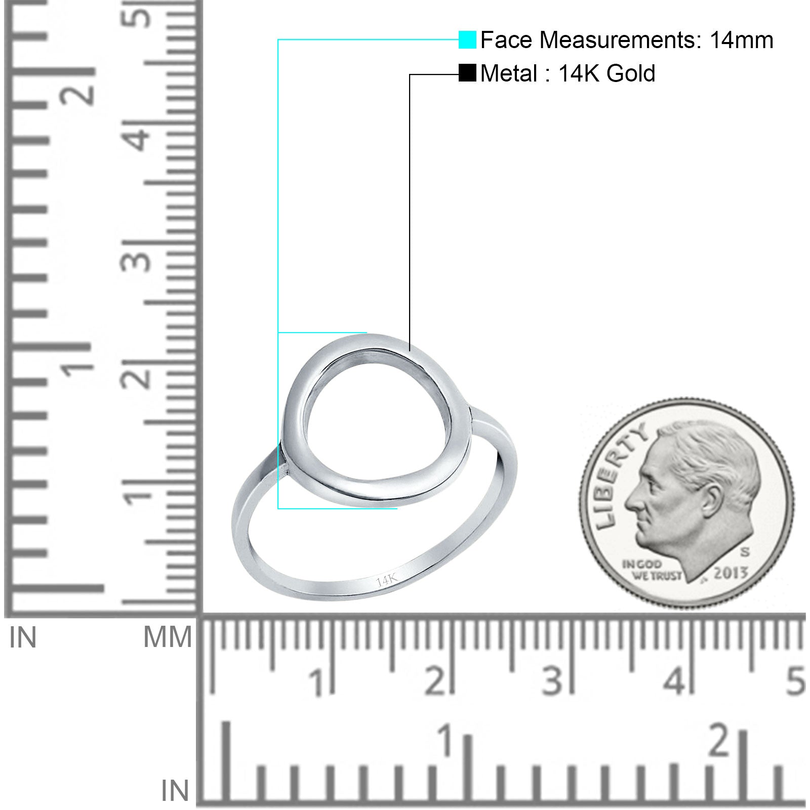 14K White Gold Circle O Simple Plain Open Ring Wedding Band (14mm)