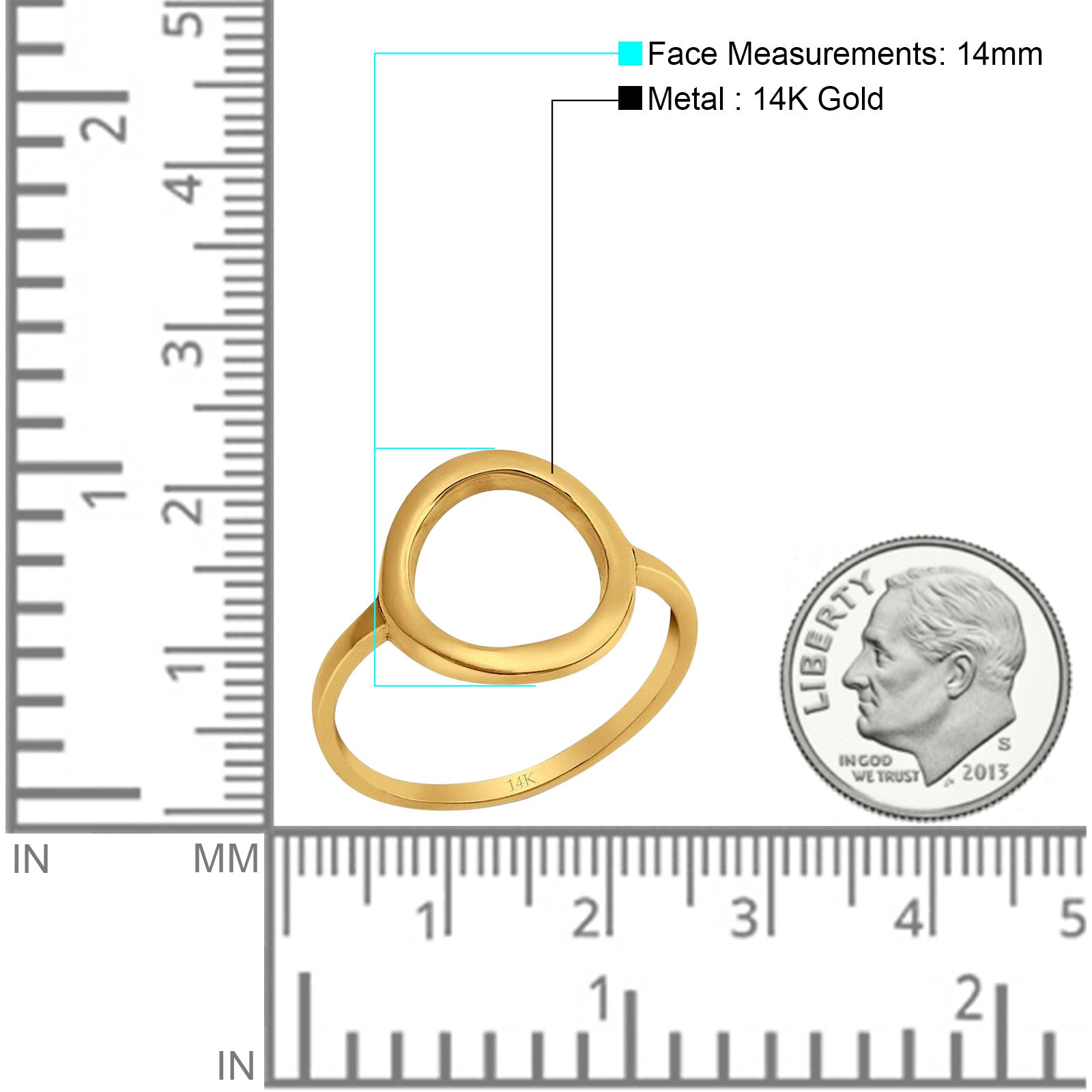 14K Yellow Gold Circle O Simple Plain Open Ring Wedding Band (14mm)