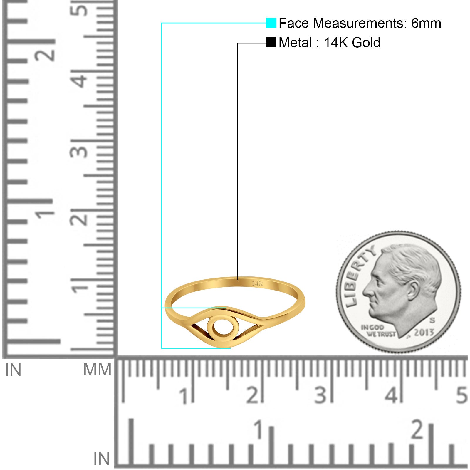 14K Yellow Gold Evil Eye Simple Wedding Engagement Ring (6mm)
