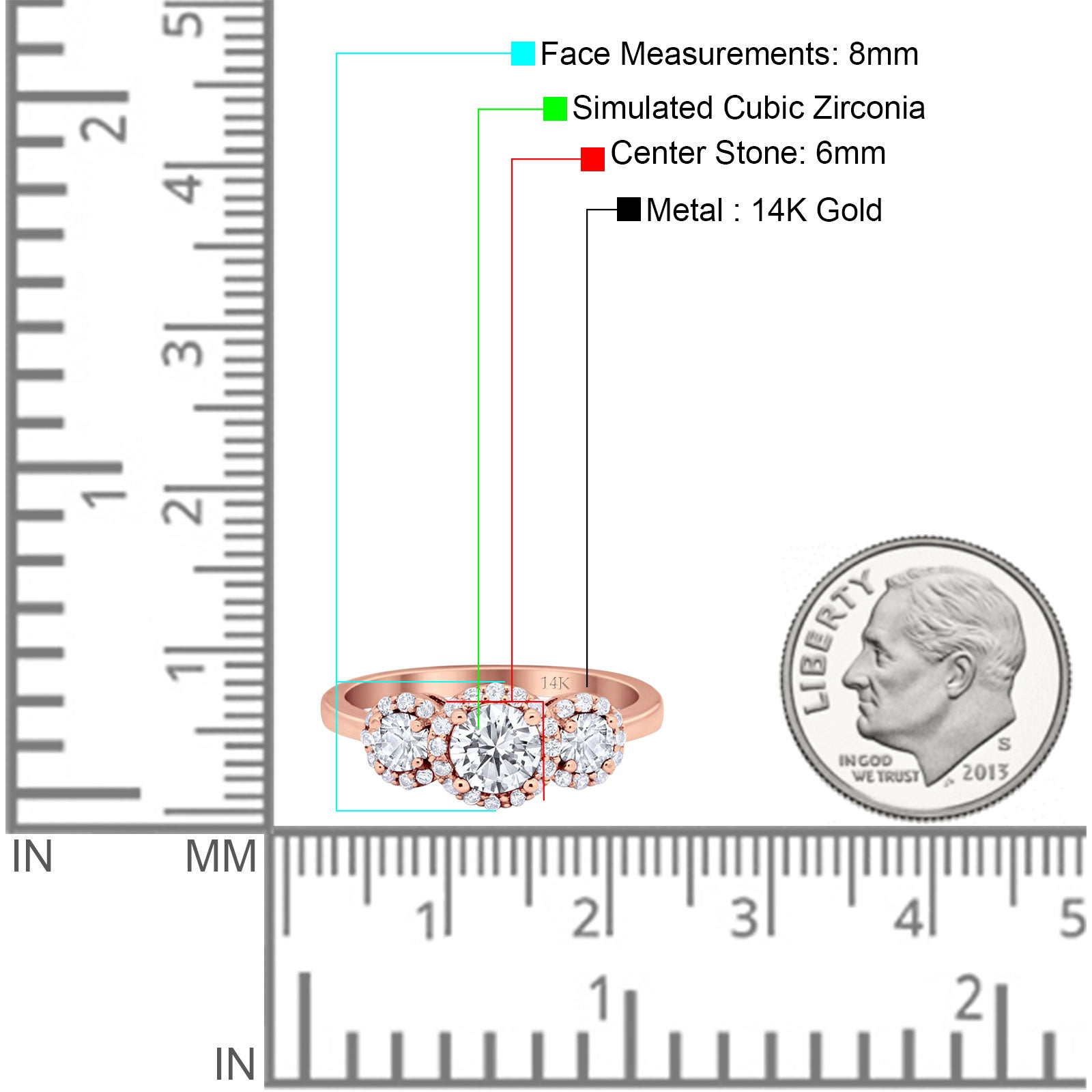 14K Rose Gold Round Three Stone Bridal Simulated CZ Wedding Engagement Ring Size-7